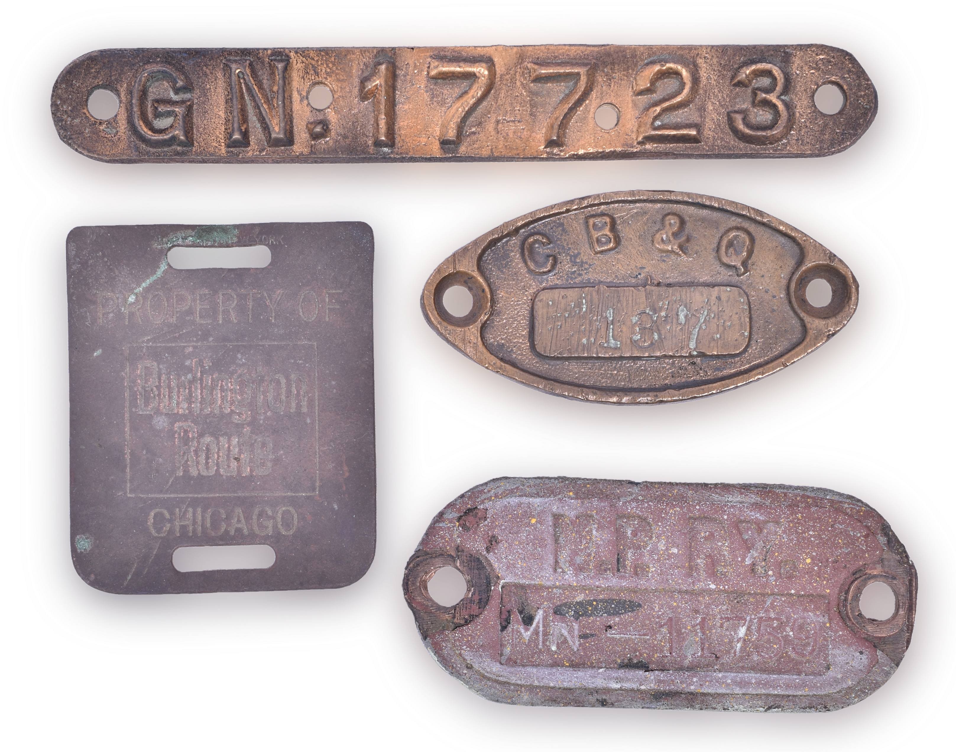 4172 - Four Railroad Property Plates / Shop Tags - Great Northern, CB&Q, Northern Pacific thumbnail