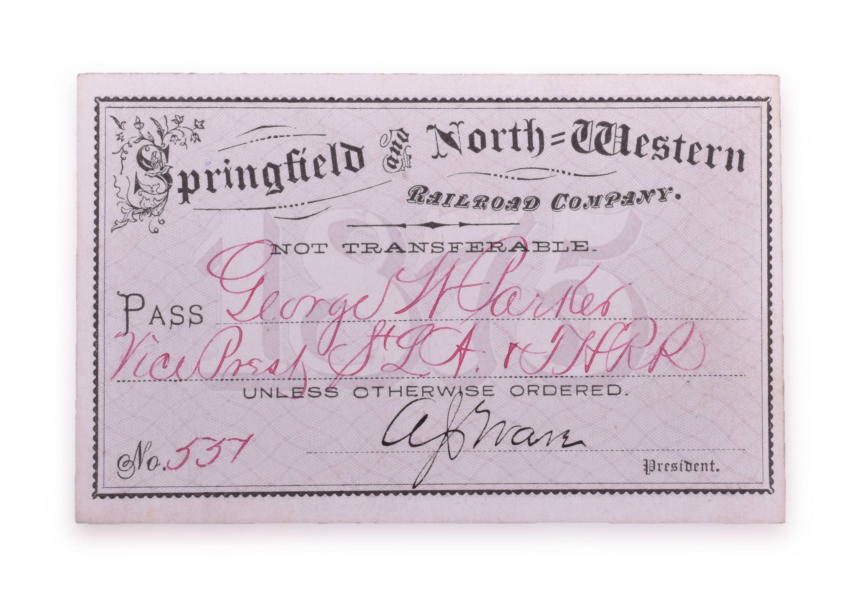 4173 - 1875 Springfield and North Western Railroad Company Annual Pass thumbnail