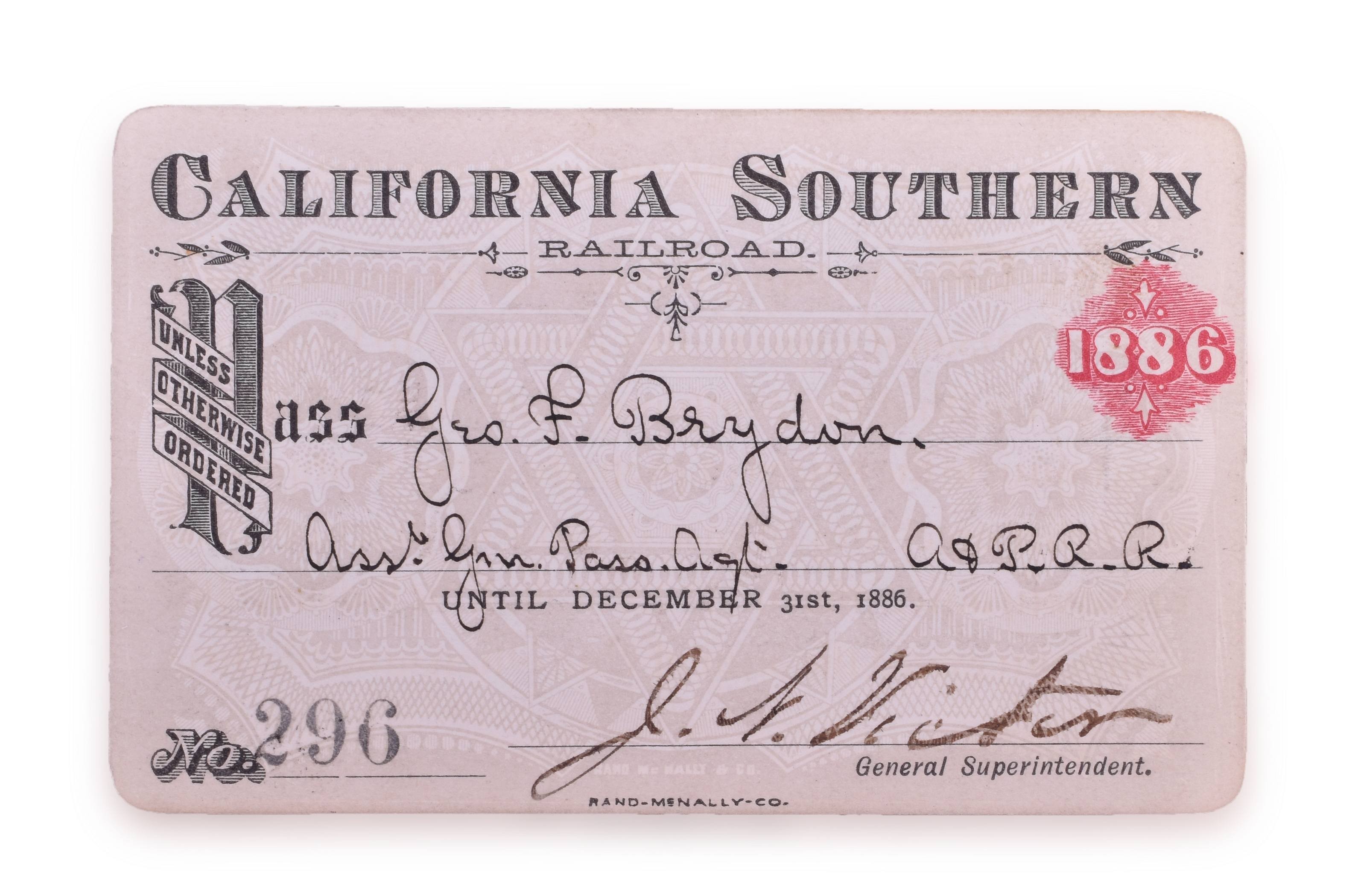 4177 - 1886 California Southern Railroad Annual Pass thumbnail