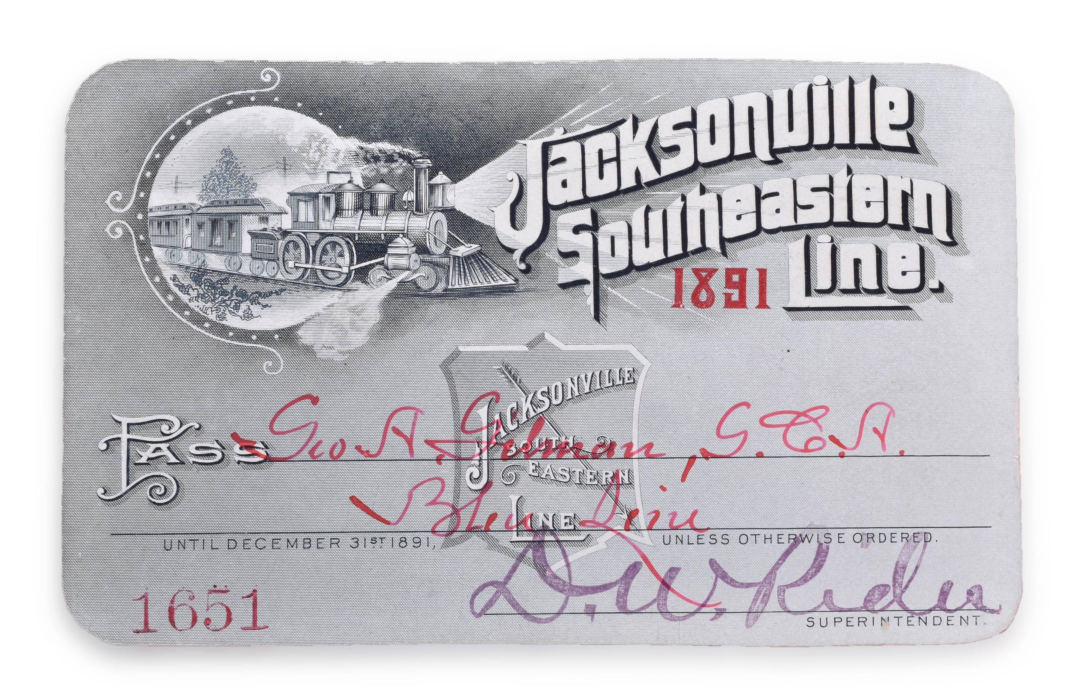 4179 - Jacksonville Southestern Line 1891 Annual Pass thumbnail
