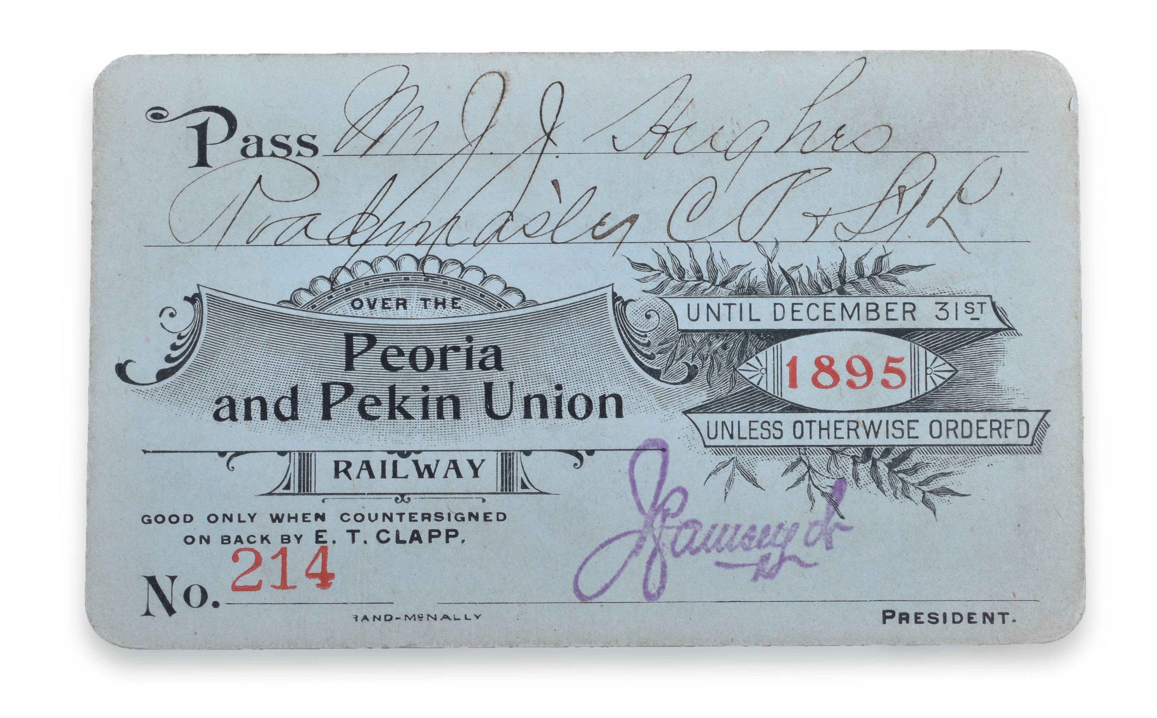 4183 - 1895 Peoria and Pekin Union Railway Annual Pass thumbnail