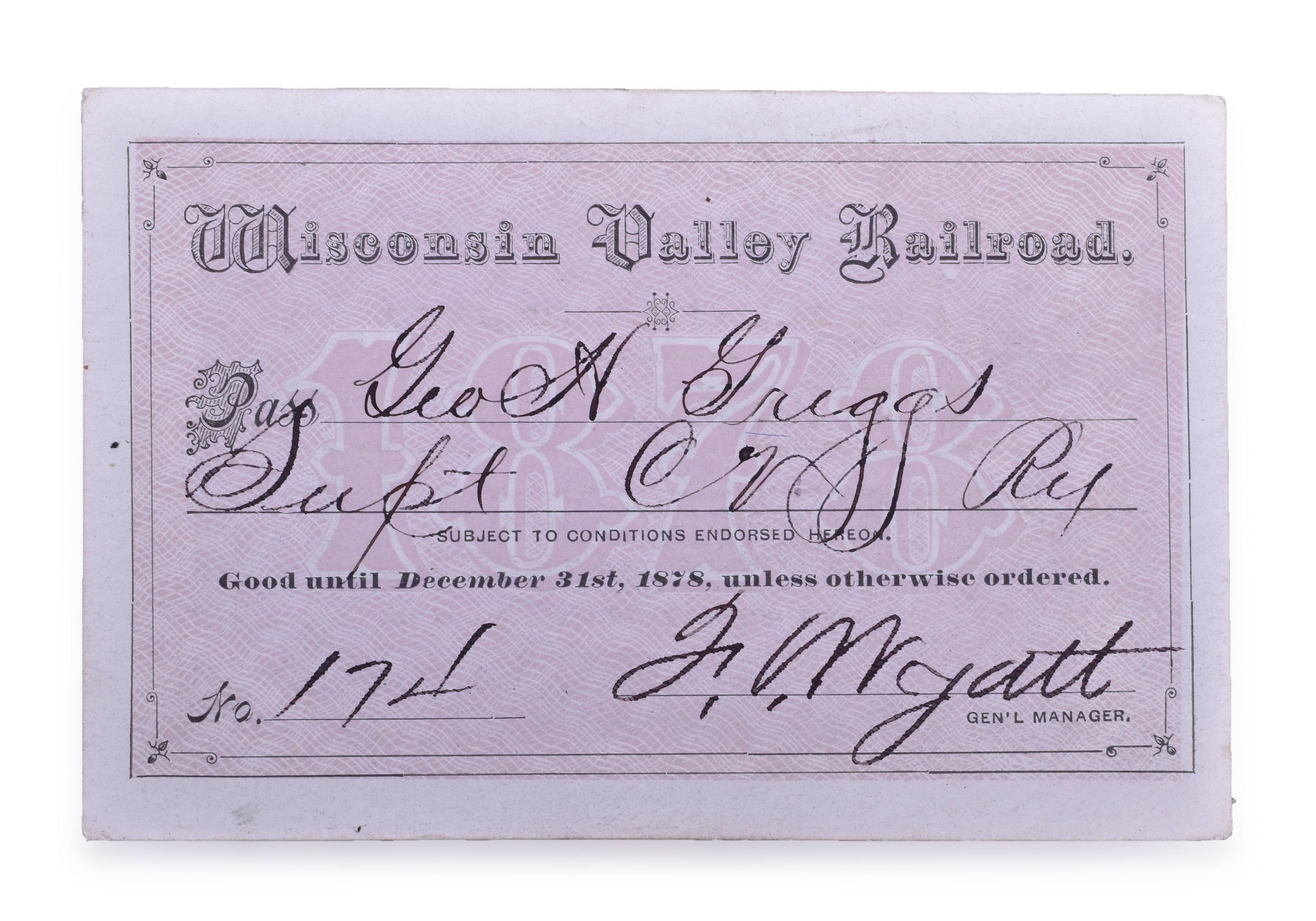 4187 - Wisconsin Valley Railroad 1878 Annual Pass thumbnail