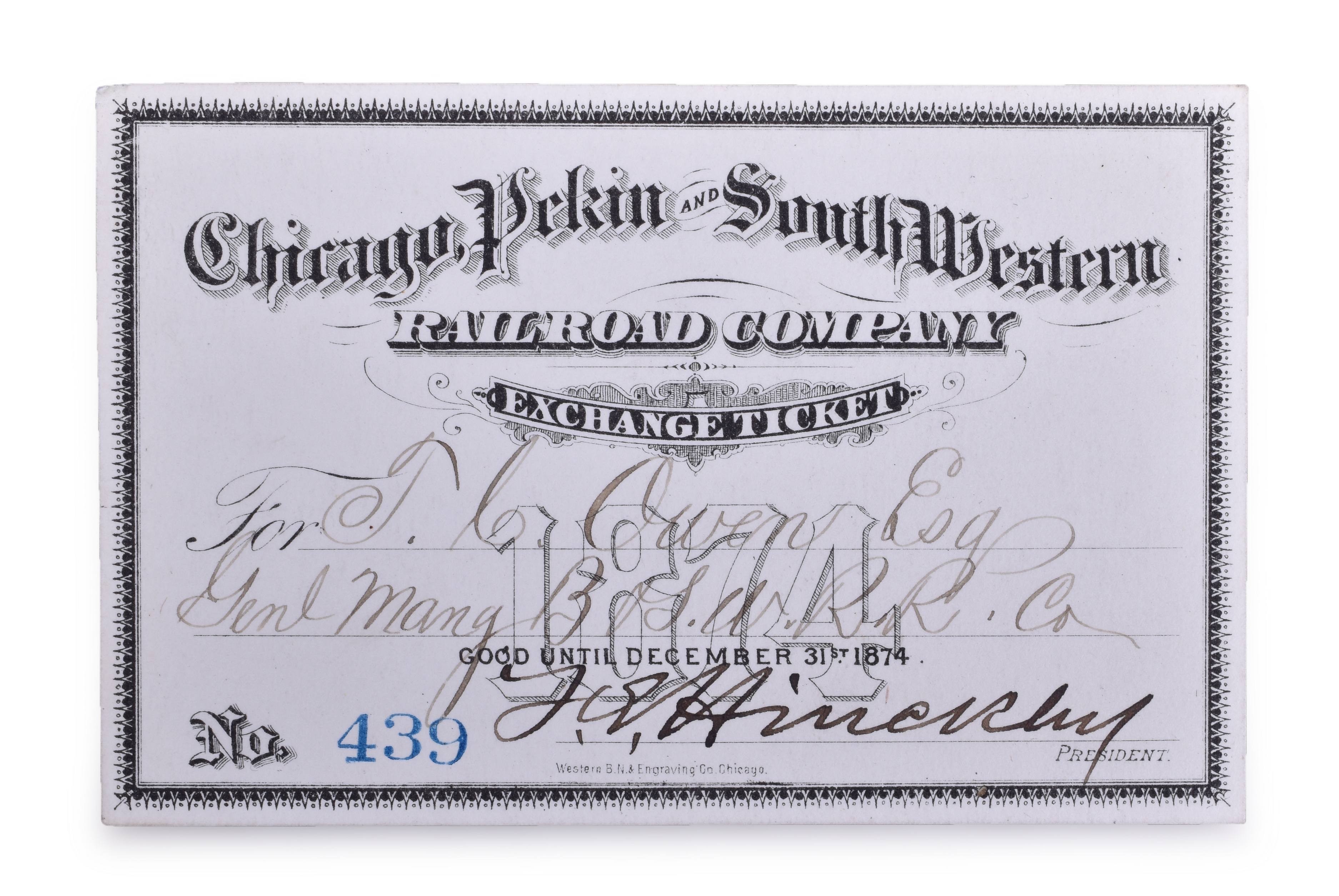 4189 - Chicago, Pekin and Southwestern 1874 Exchange Ticket / Annual Pass thumbnail