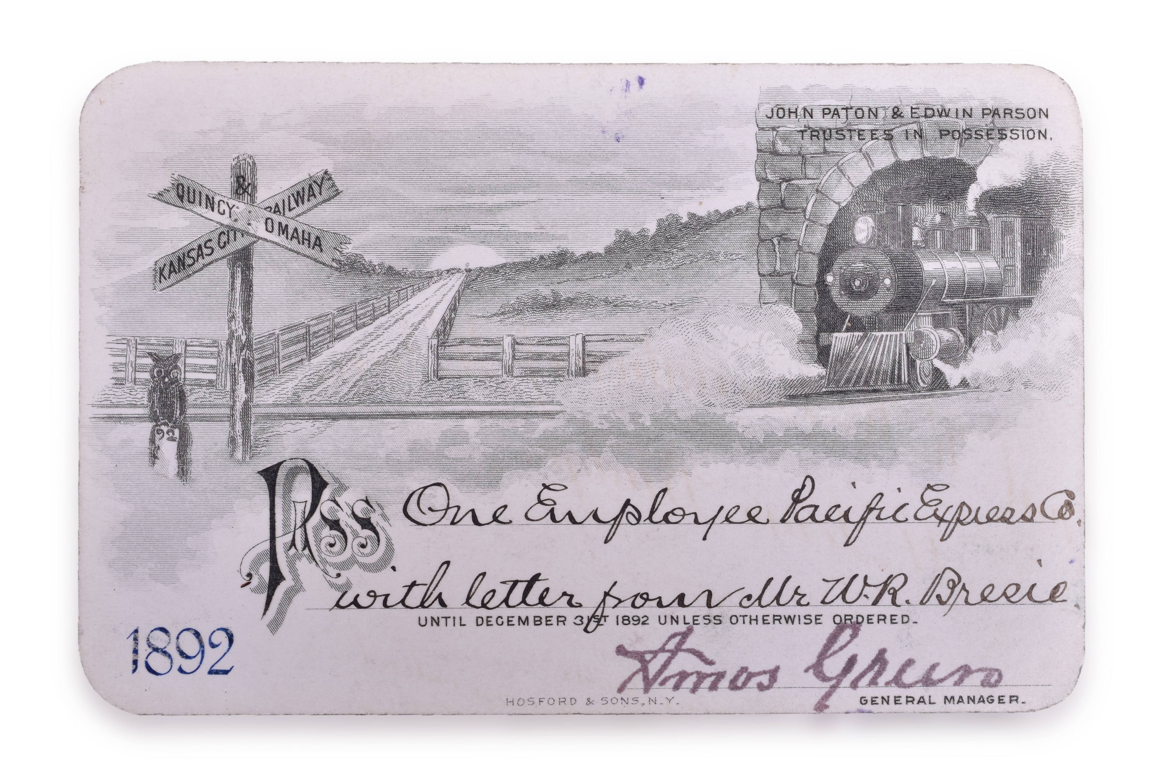 4191 - Quincy, Omaha & Kansas City Railway 1892 Annual Pass thumbnail