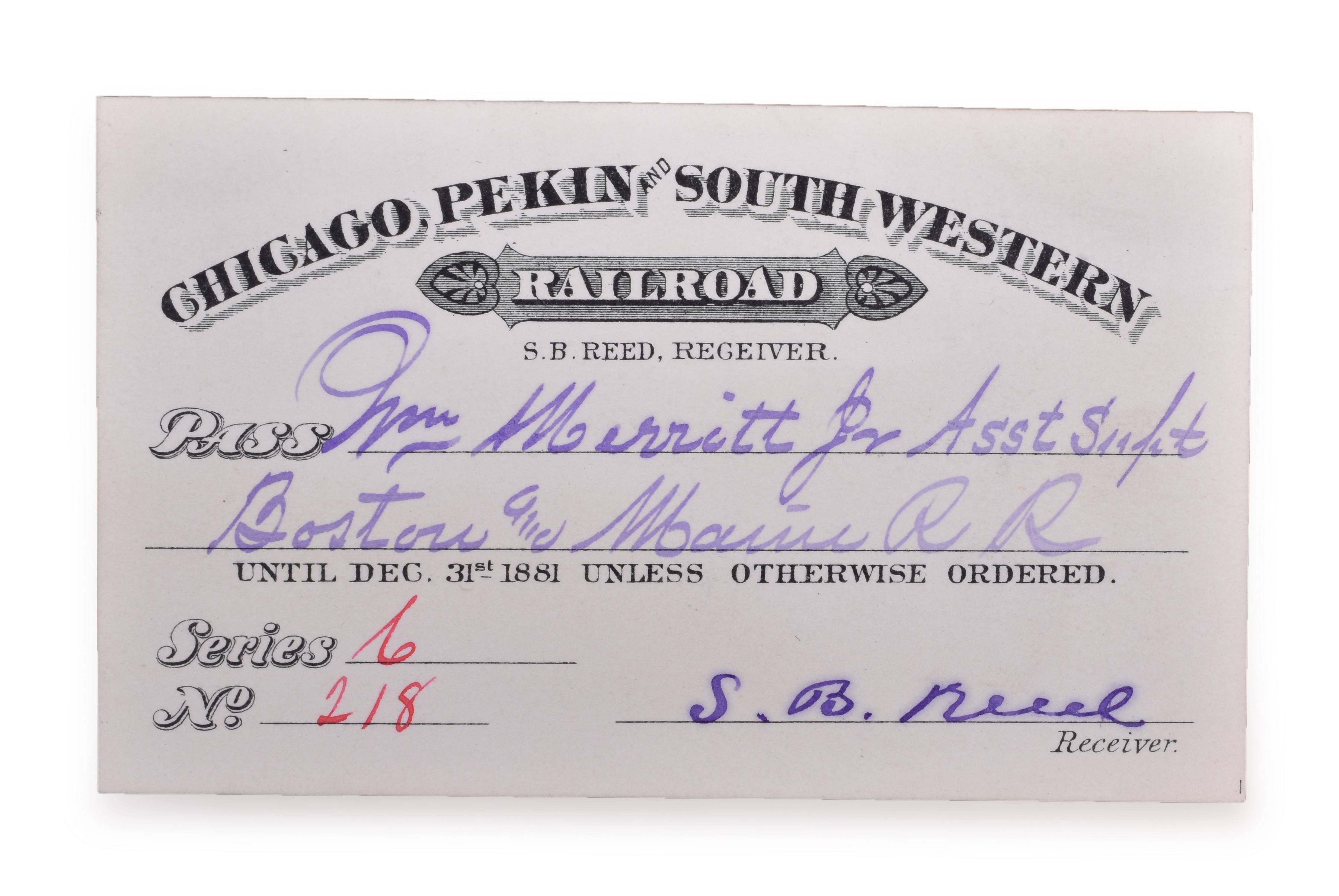 4193 - Chicago, Pekin and Southwestern Railroad 1871 annual pass thumbnail