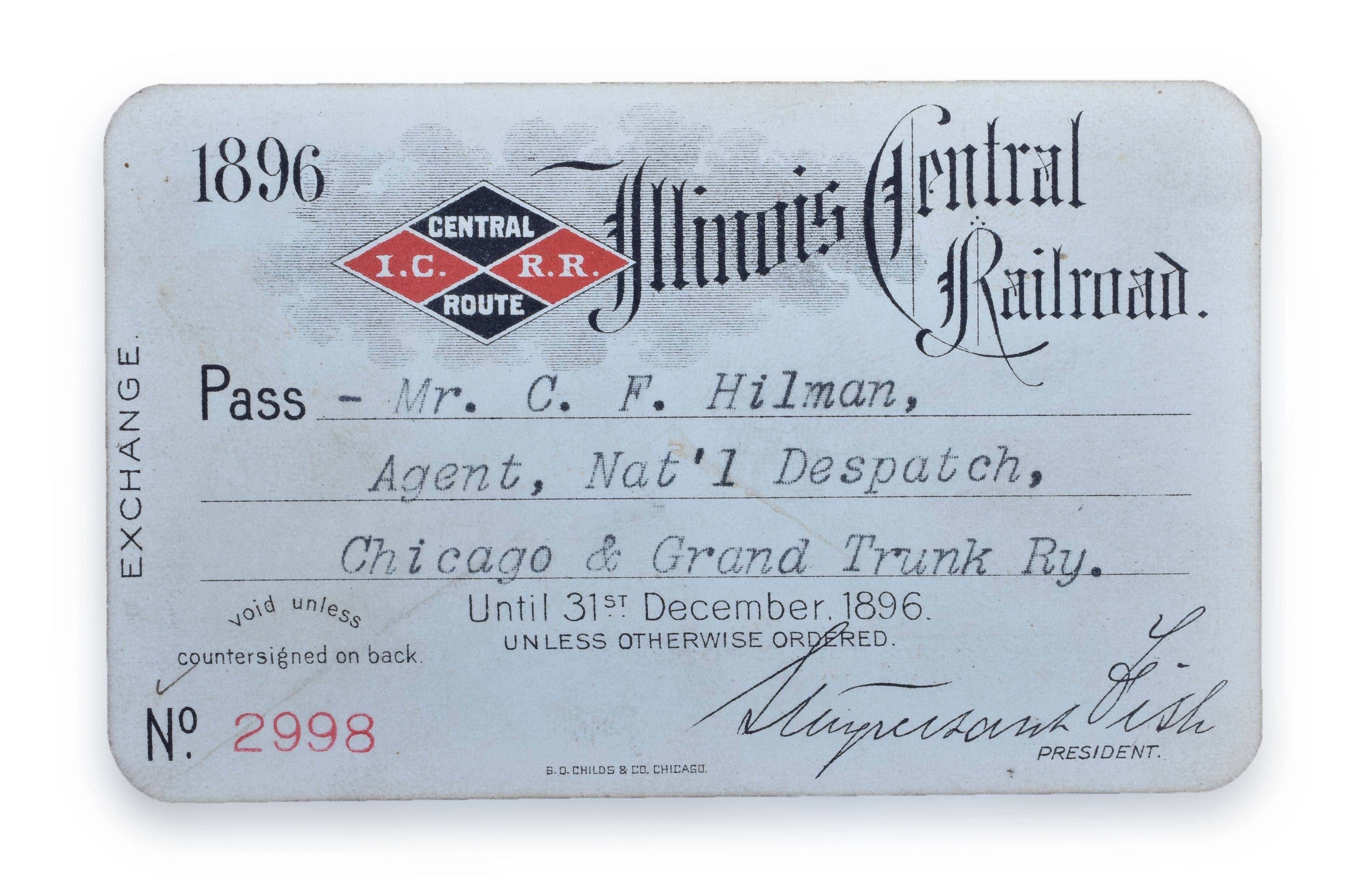4197 - 1896 Illinois Central Railroad Annual Pass thumbnail