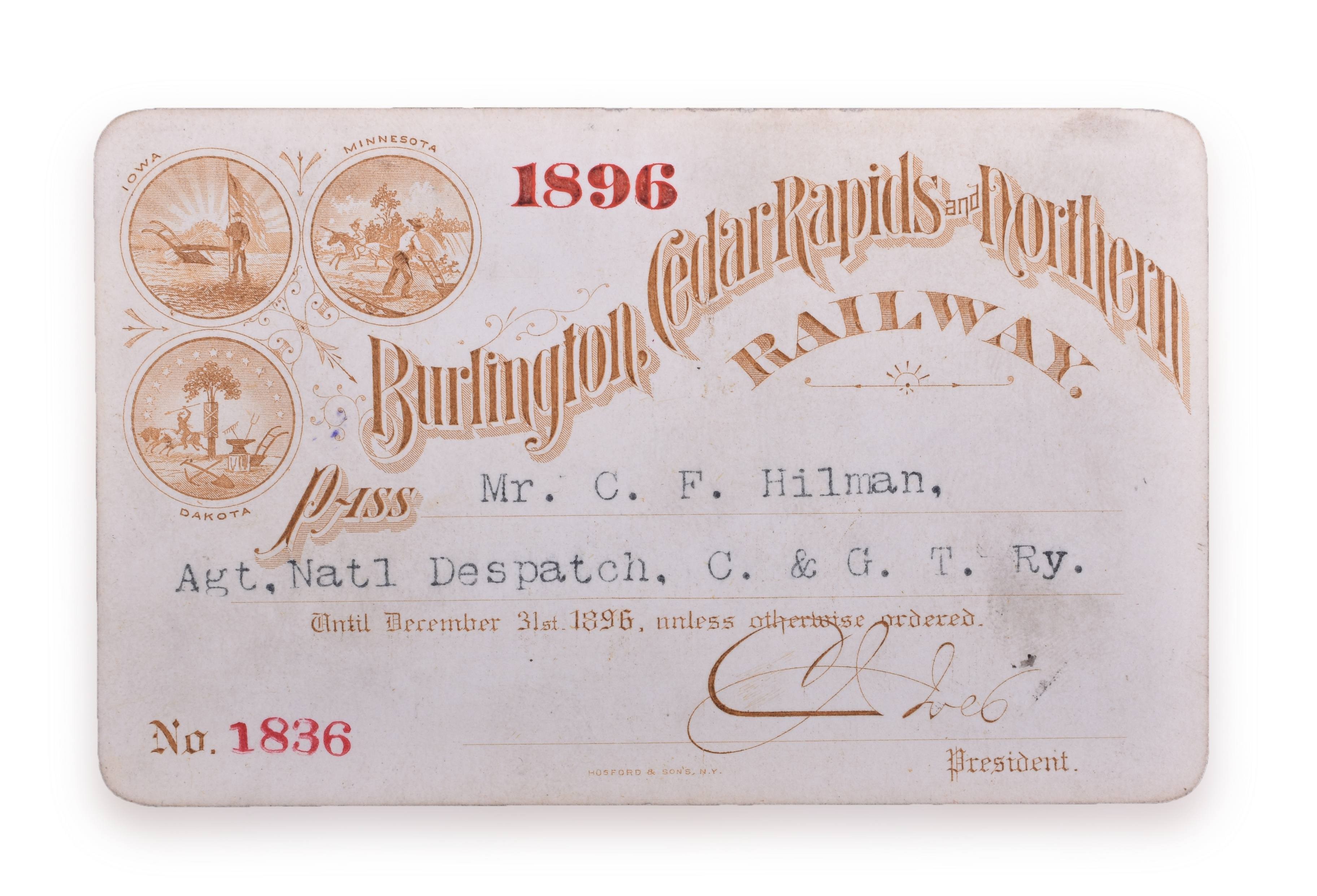 4199 - 1896 Burlington, Cedar Rapids and Northern Railway Annual Pass thumbnail