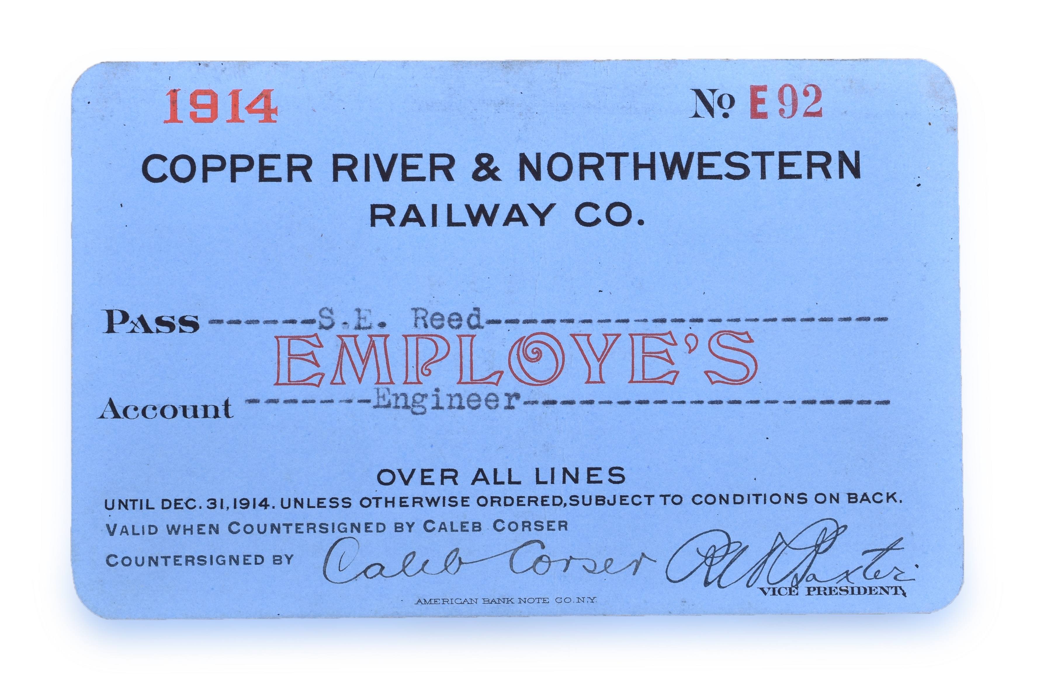 4203 - Copper River & Northwestern Railway 1914 Employee Pass thumbnail