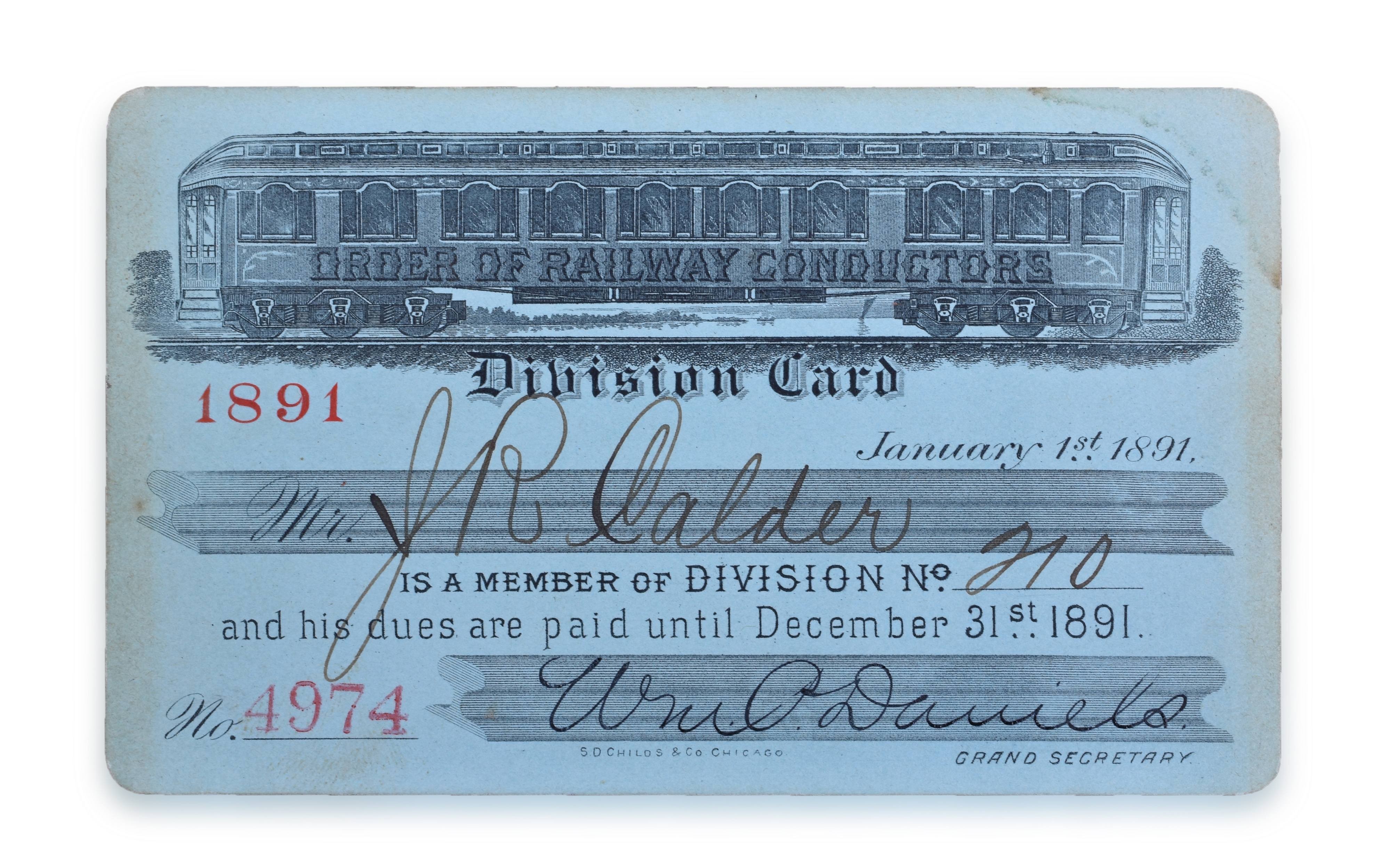 4205 - Order of Railway Conductors 1891 Division Card thumbnail