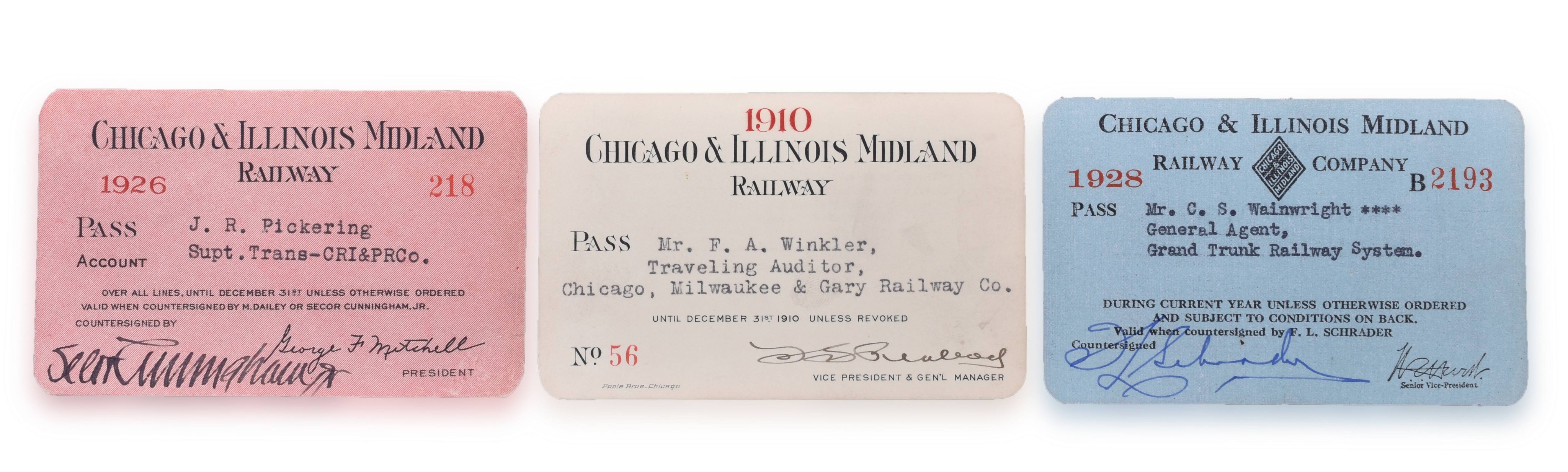 4207 - Group of Three Chicago & Illinois Midland Railroad Annual Passes 1910, 1926, 1928 thumbnail