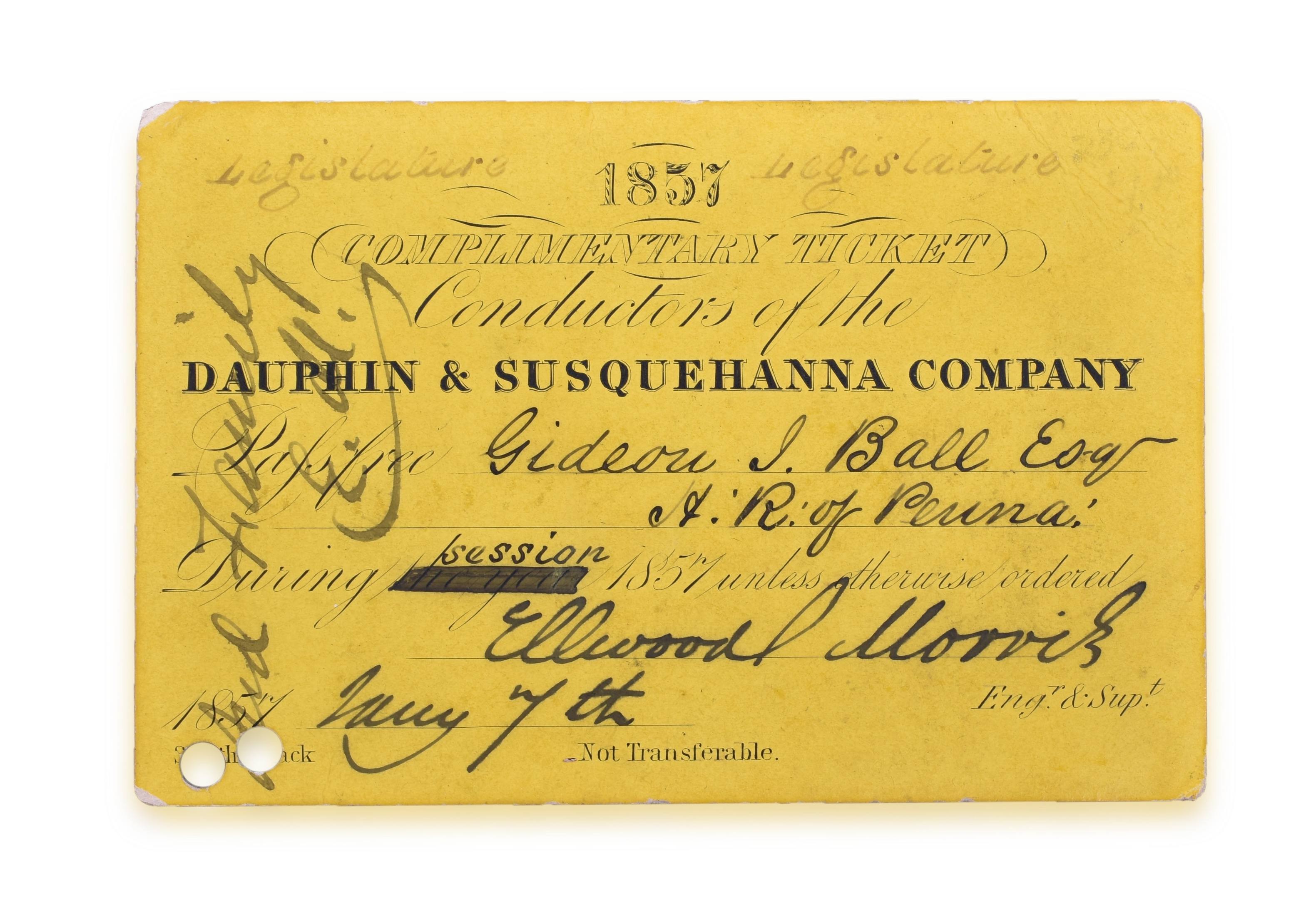 4209 - 1857 Dauphin & Susquehanna Company Railroad Conductors Pass - Legislature Pass thumbnail
