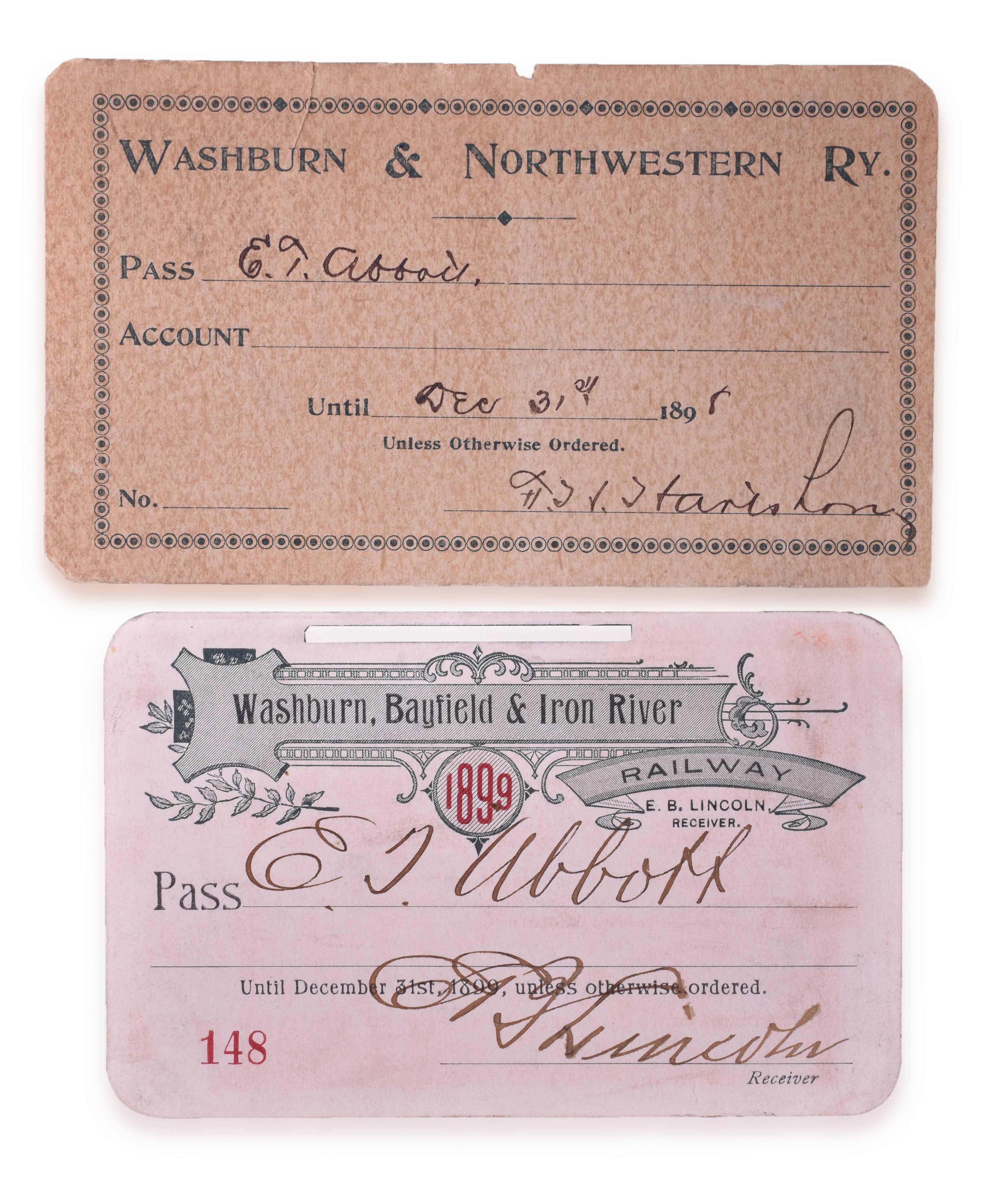 4211 - 1898 and 1899 Washburn, Bayfield & Iron River Railway Annual Passes thumbnail
