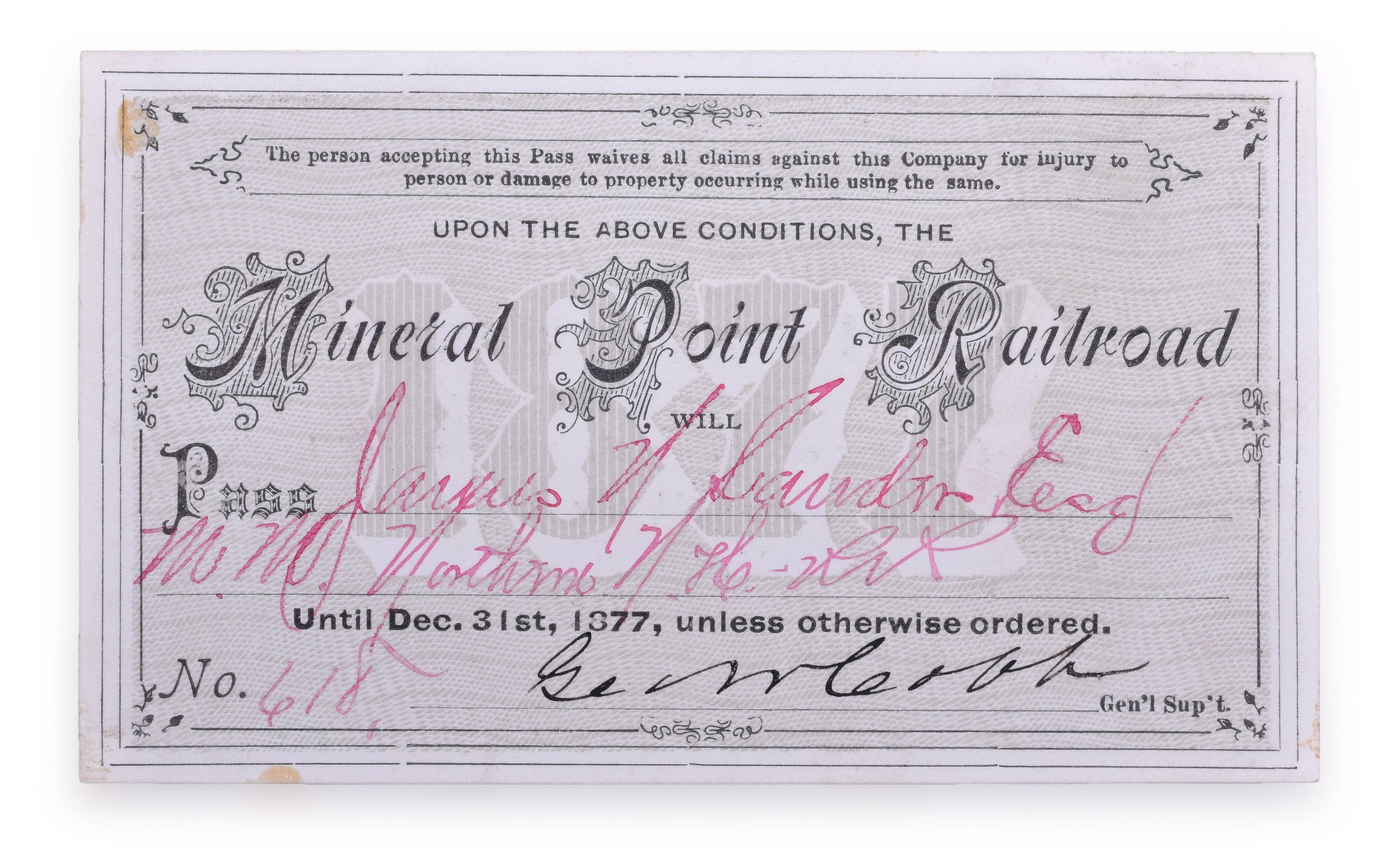 4213 - 1877 Mineral Point Railroad Annual Pass thumbnail