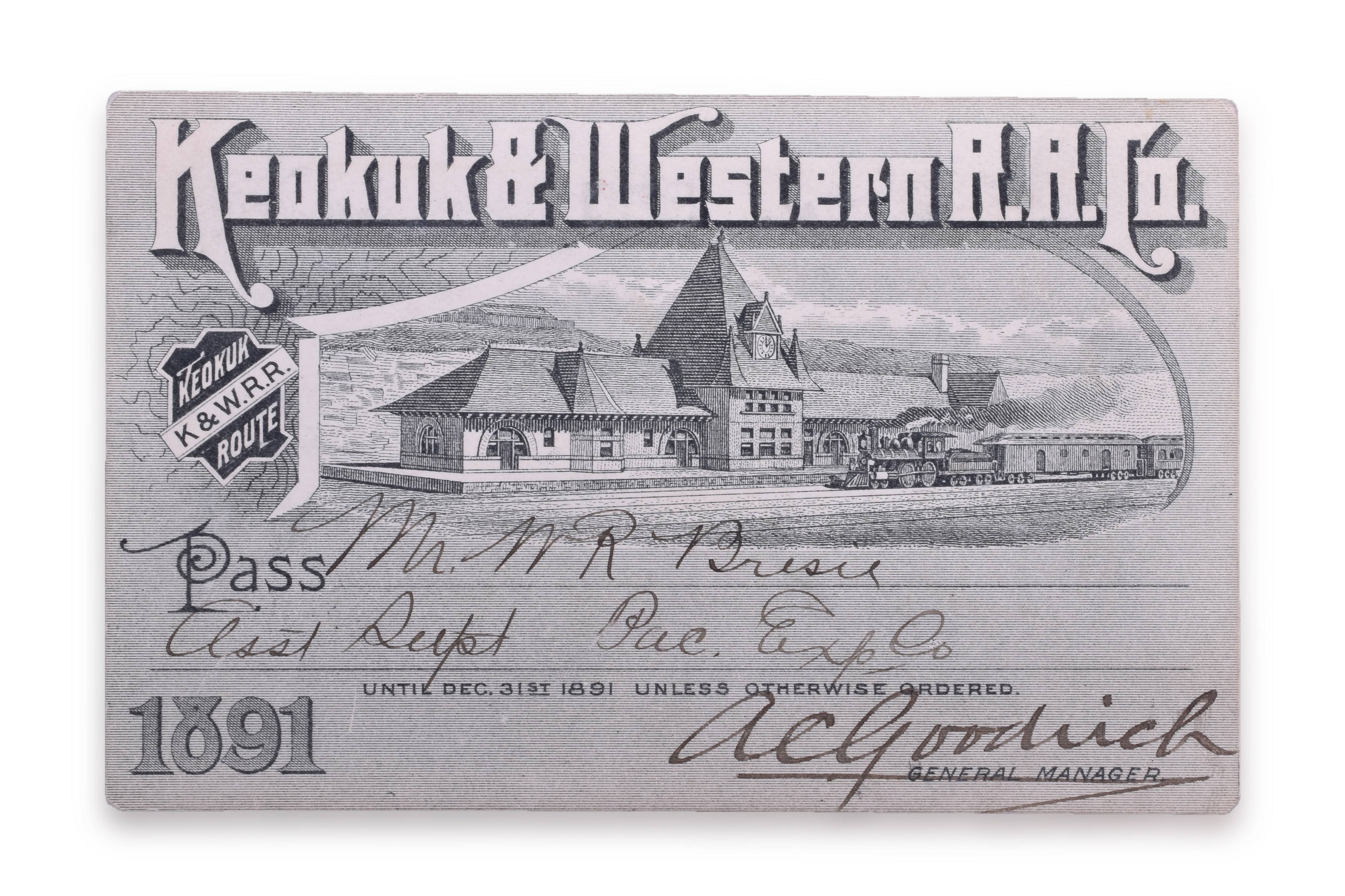 4215 - Keokuk & Western Railroad 1891 Annual Pass thumbnail