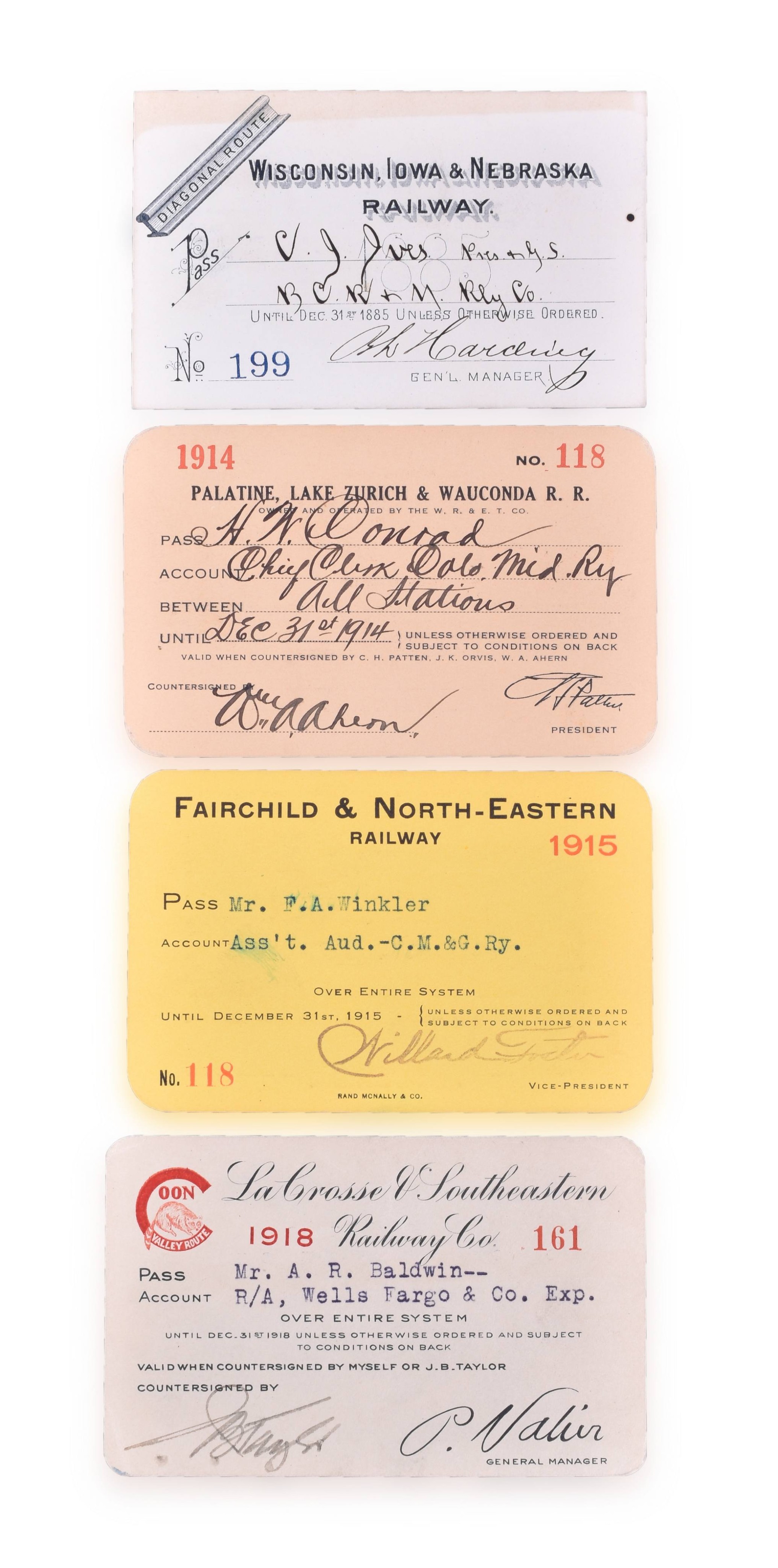 4217 - Four Railroad Passes Wisconsin, Iowa and Nebraska, Palatine, Lake Zurich & Wauconda , Fairchild & Northeastern, LaCrosse & Southeastern thumbnail