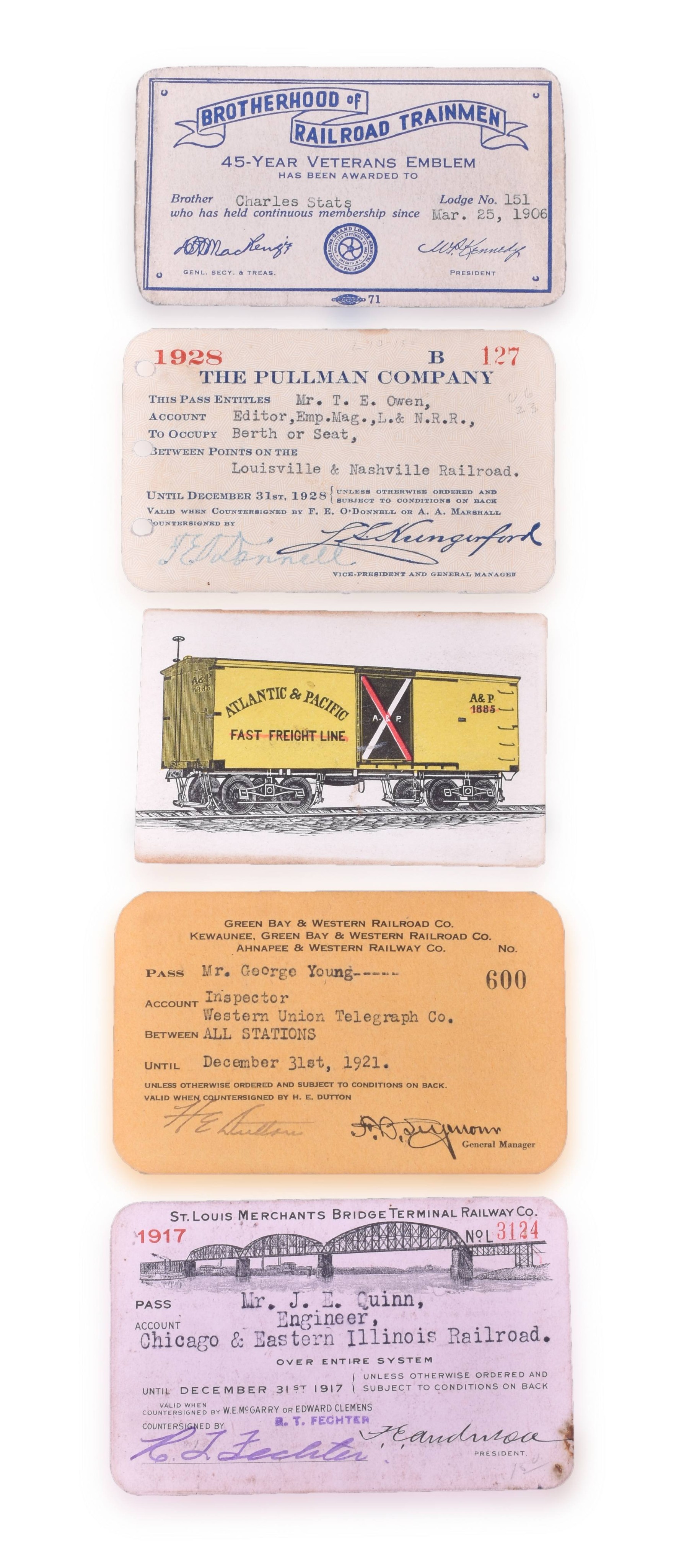 4219 - Five Railroad Employee Passes / Cards - Atlantic & Pacific, Green Bay and Western, C&EI, etc. thumbnail