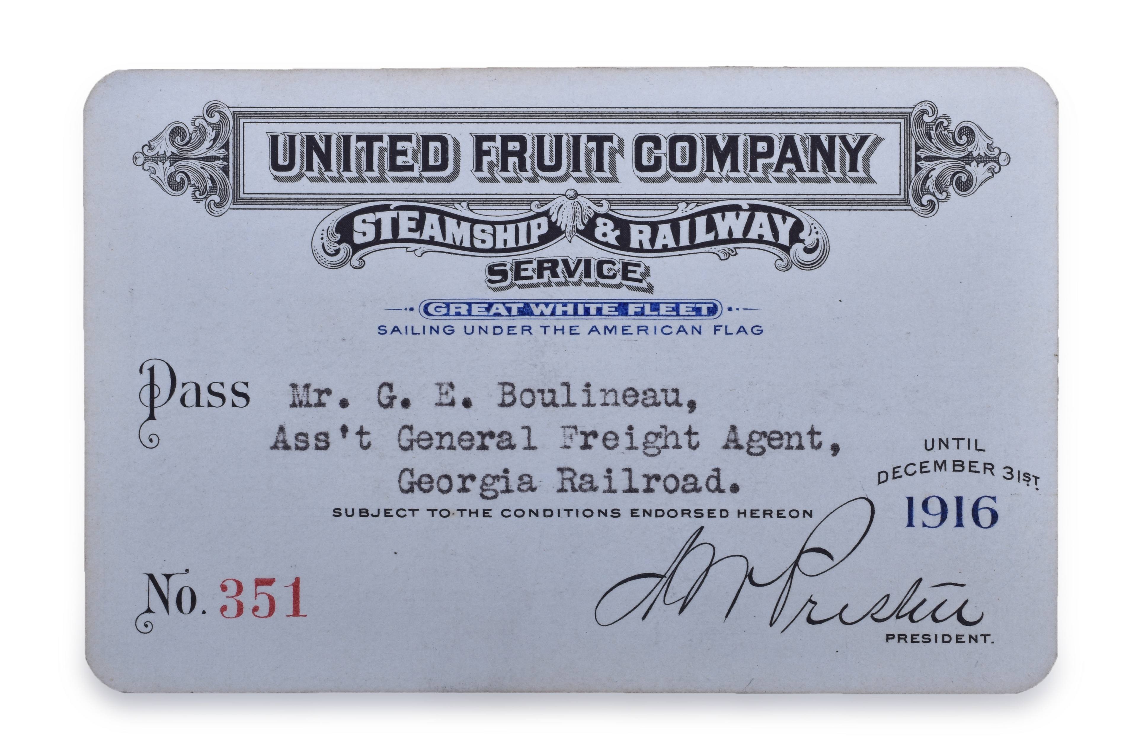 4221 - 1916 United Fruit Company Railway Annual Pass thumbnail