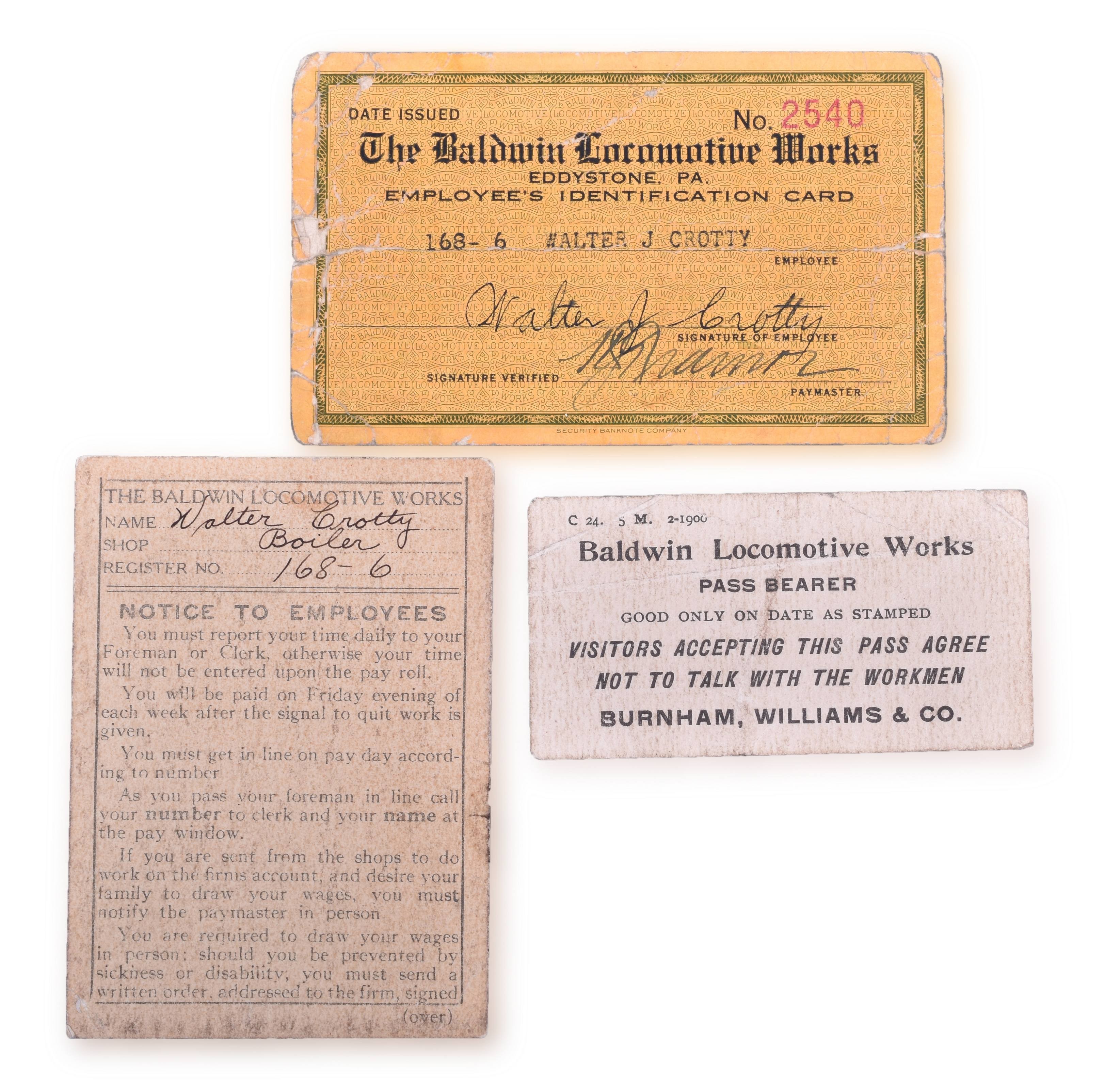 4223 - Group of Three Baldwin Locomotive Works Employee Passes thumbnail