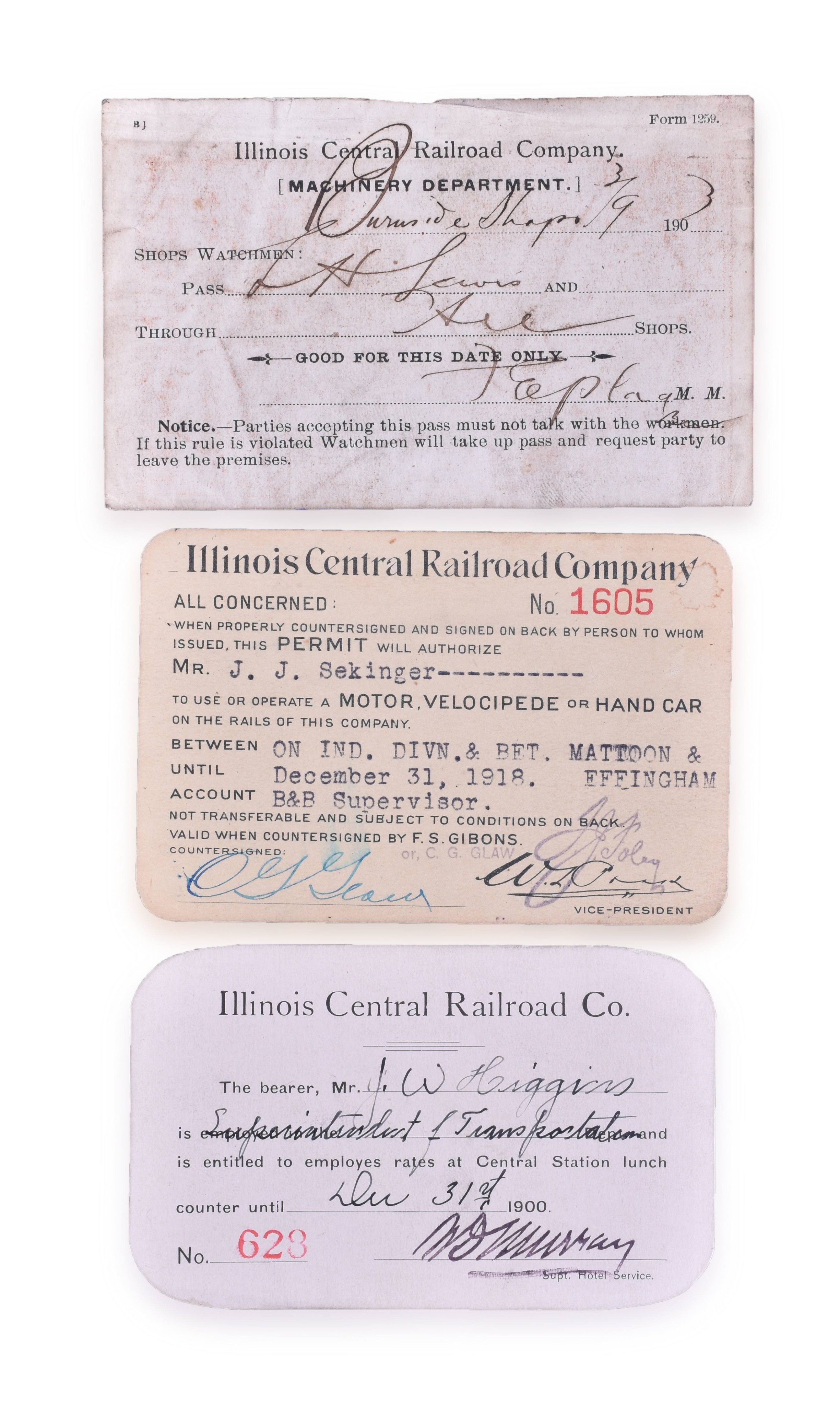 4225 - Three Illinois Central Railroad Passes - Machinery Department, Central Station Lunch, Velocipede Permit. thumbnail
