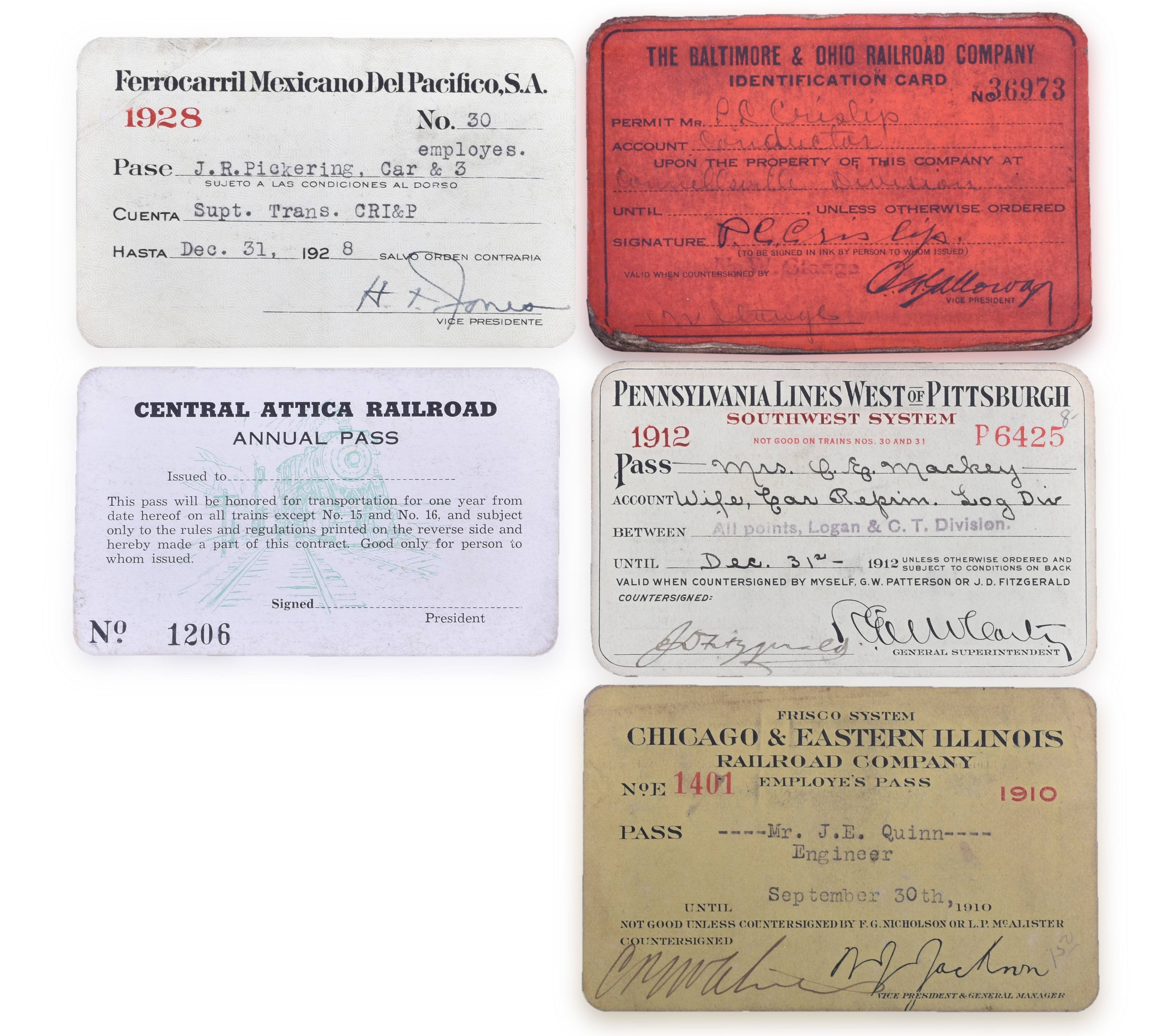 4241 - Five Railroad Passes - Central Attica, Baltimore and Ohio, Pennsylvania, Ferrocarrill Mexicano thumbnail