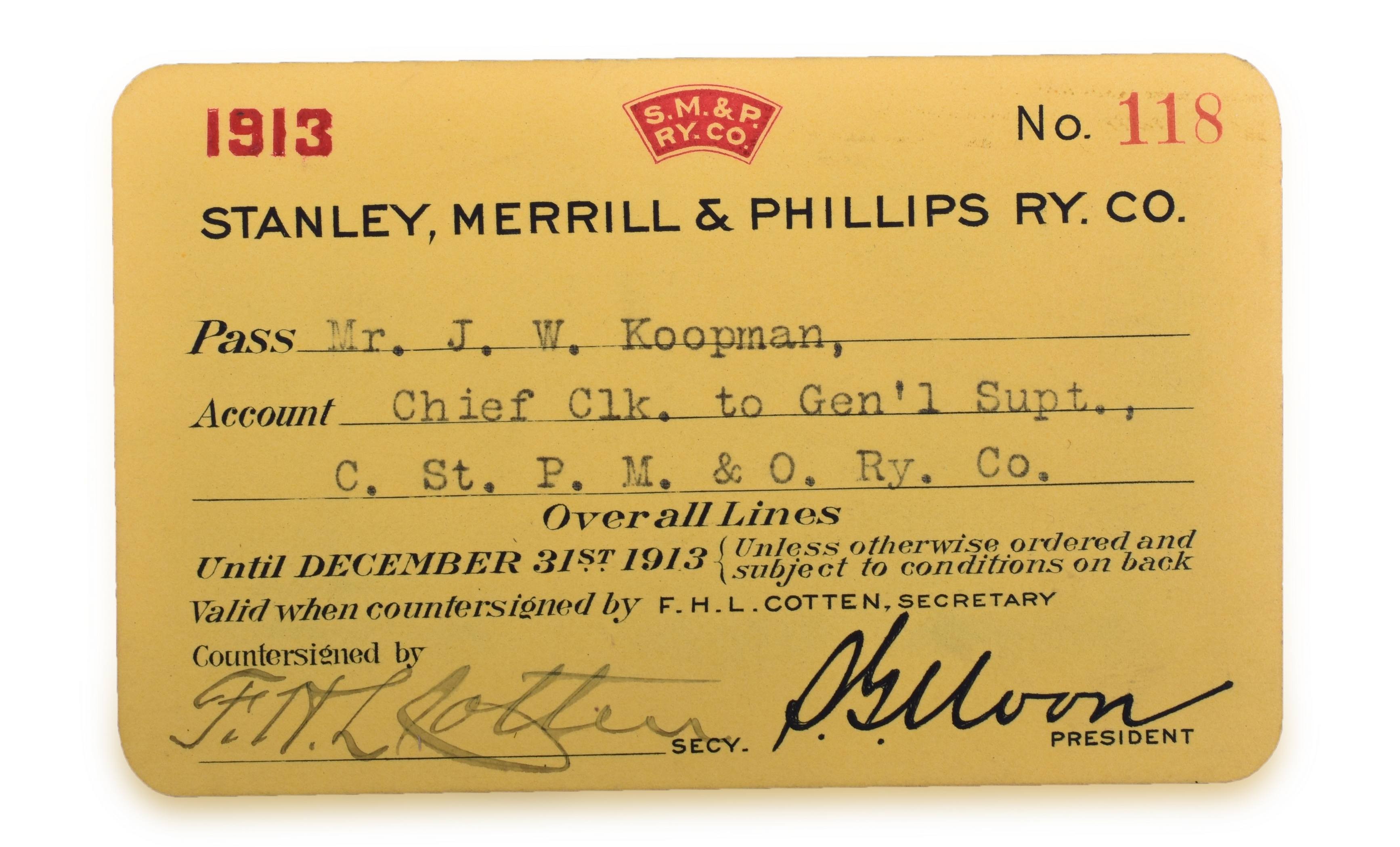 4243 - Stanley, Merrill & Phillips Railway Company 1913 Annual Pass thumbnail