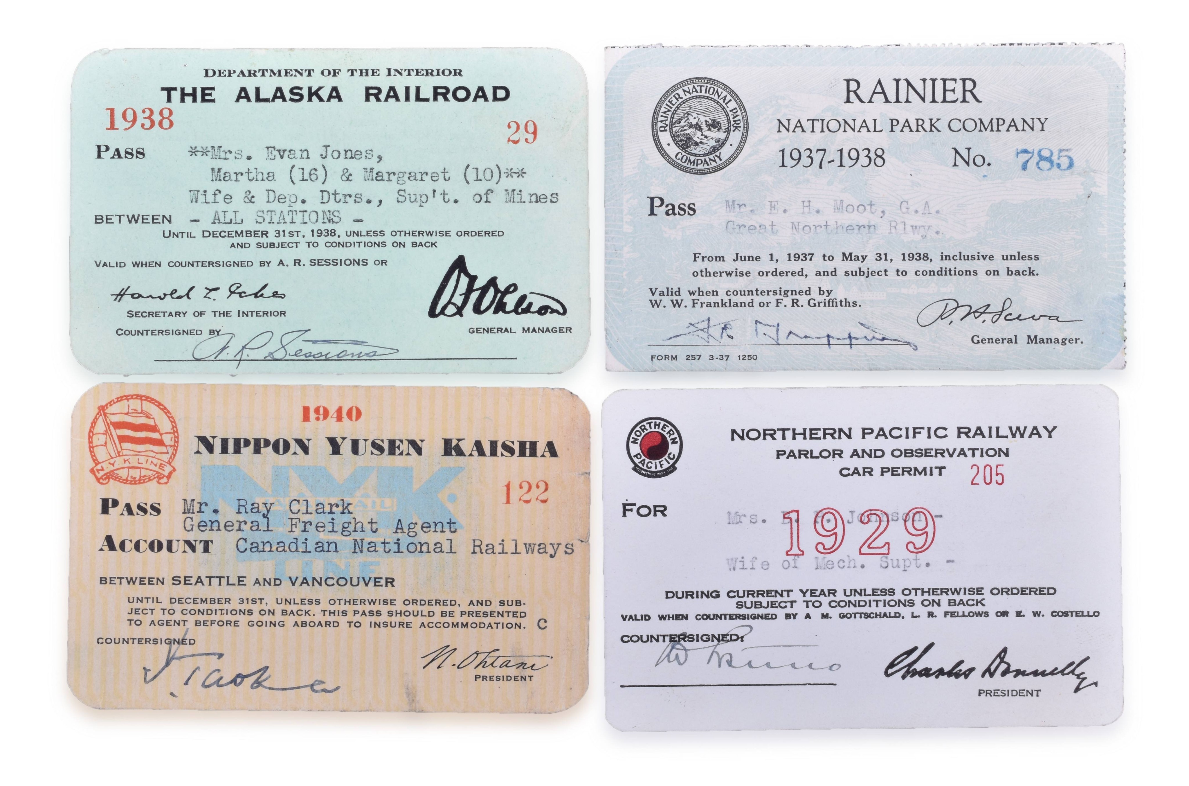 4245 - Four Railroad Passes - Nippon Yusken, Alaska Rairoad, Rainier National Park, Northern Pacific thumbnail
