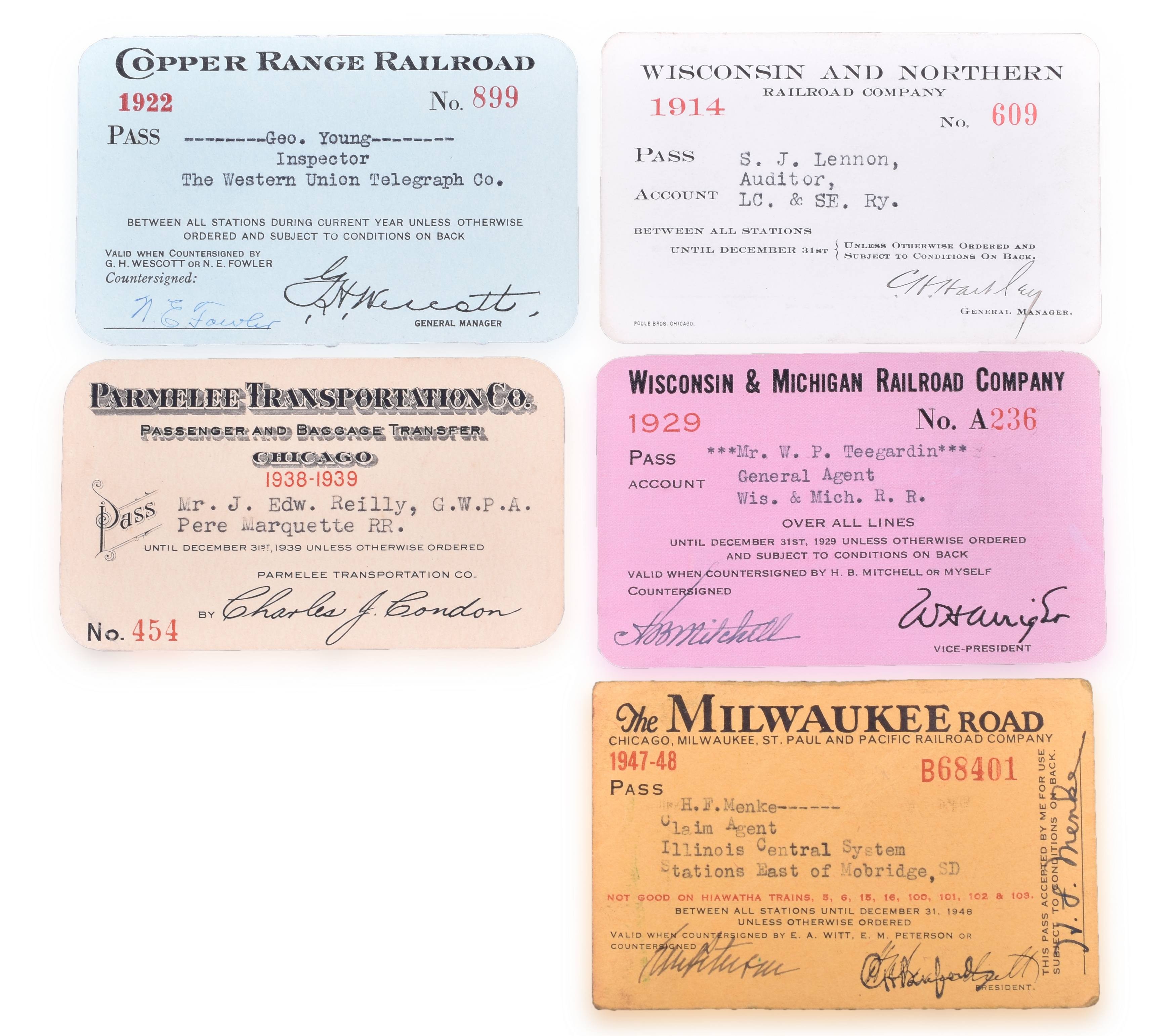 4247 - Five Railroad Passes - Wisconsin & Northern, Milwaukee Road, Parmeless Transportation, Wisconsin & Michigan, Copper Range thumbnail