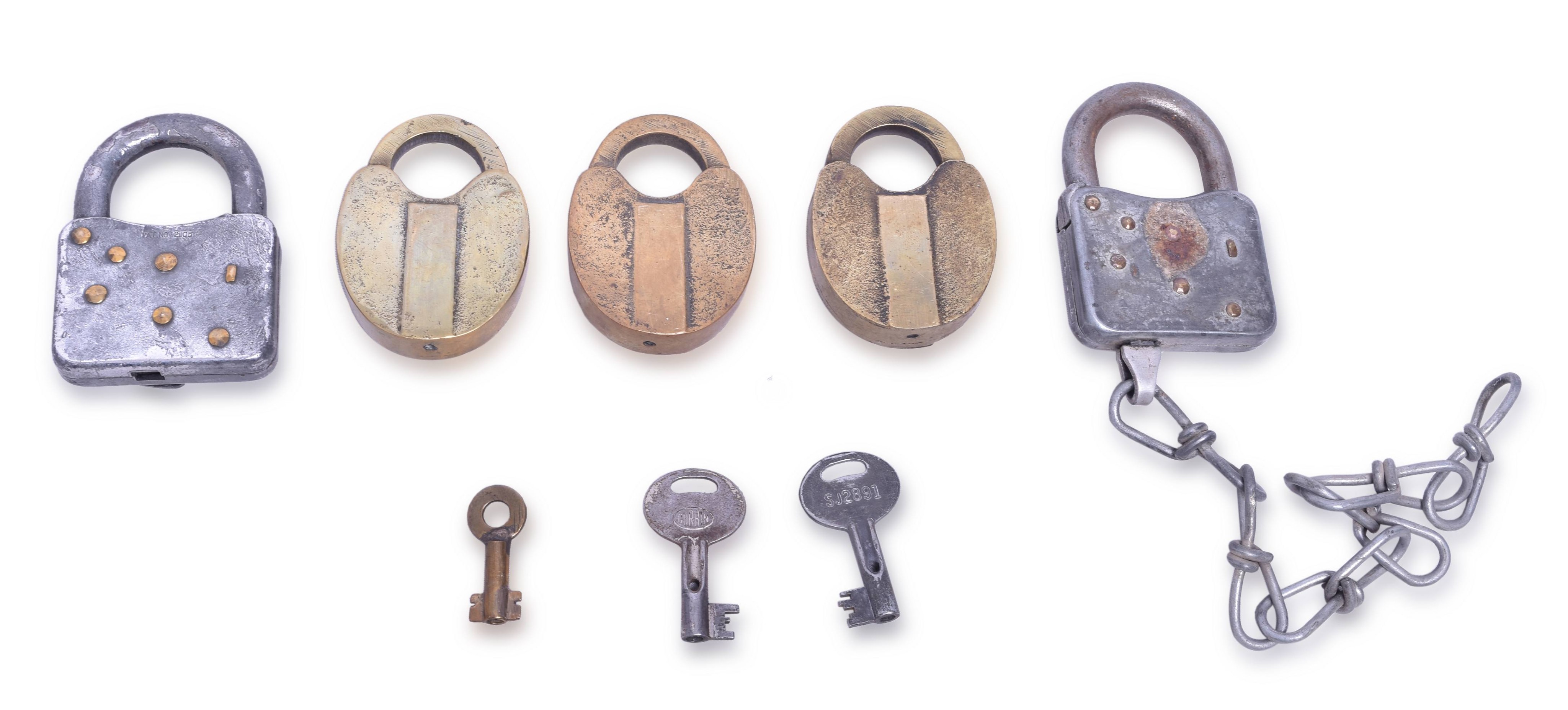 4271 - Group of Five CB&Q / Burlington Brass Heart Shaped and Corbin Steel Locks thumbnail