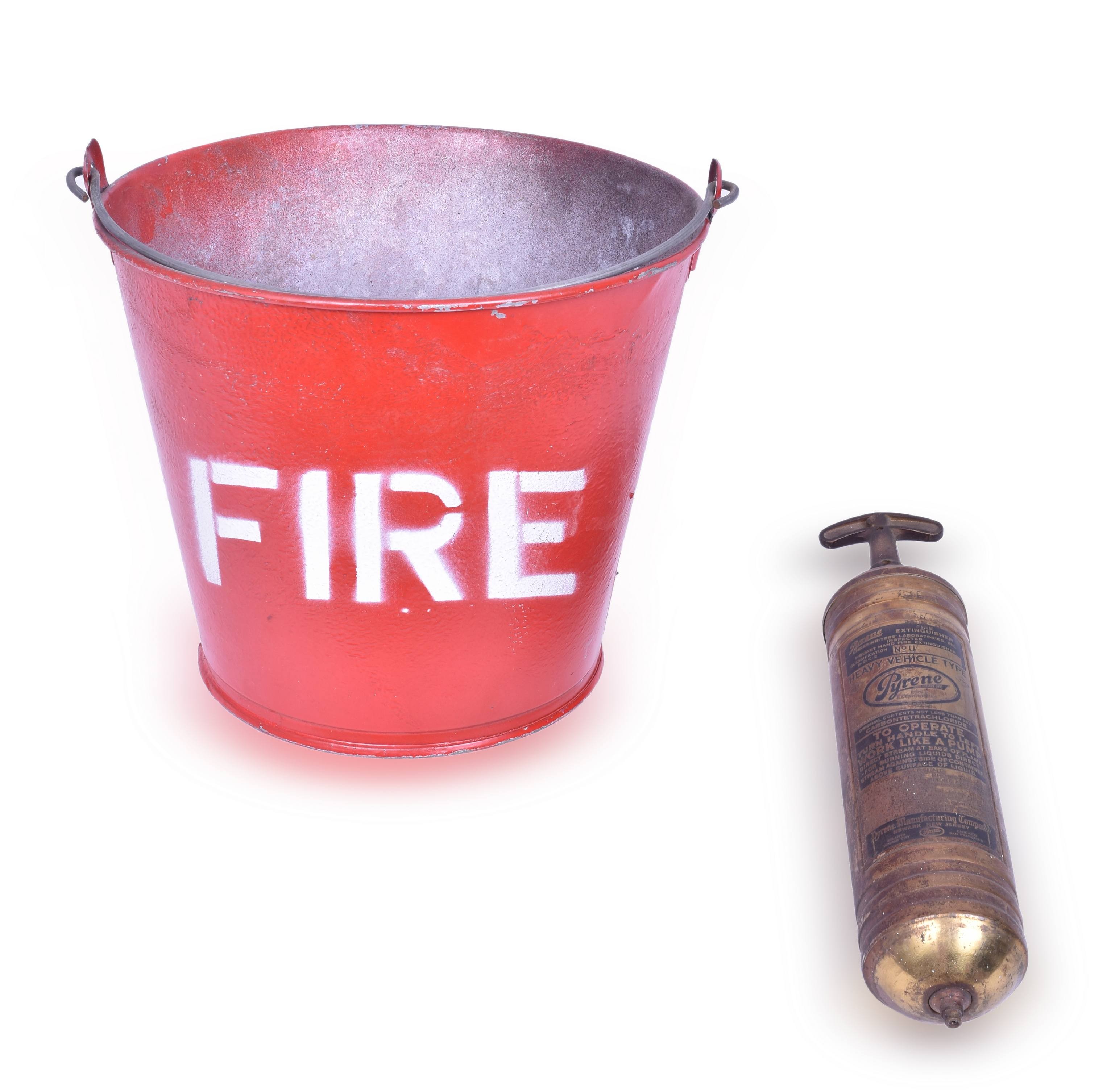 4272 - Burlington Railroad Brass Pyrene Fire Extinguisher and Restored Fire Bucket thumbnail