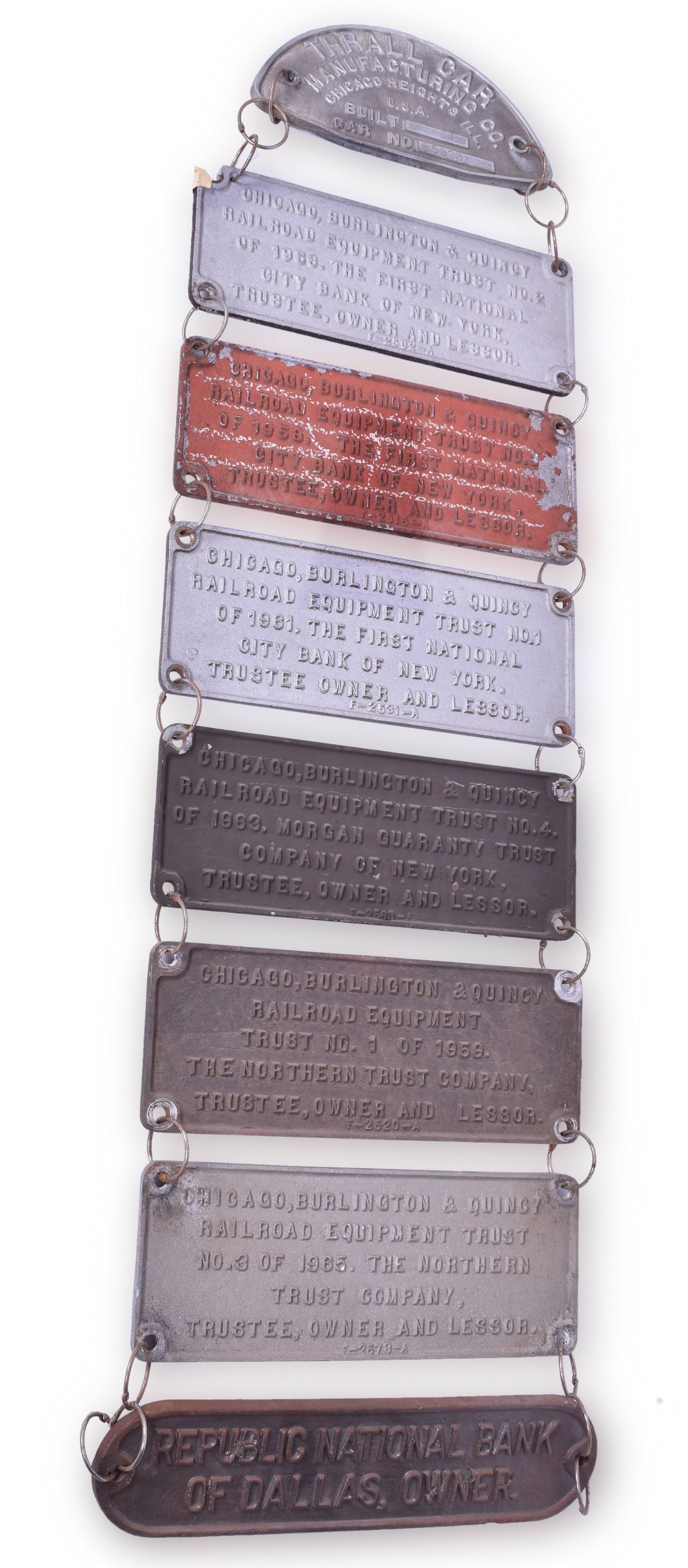 4288 - Eight Railroad Trust Plates Turned into Wall Hanger - Thrall / CB&Q / Burlington Railroad thumbnail