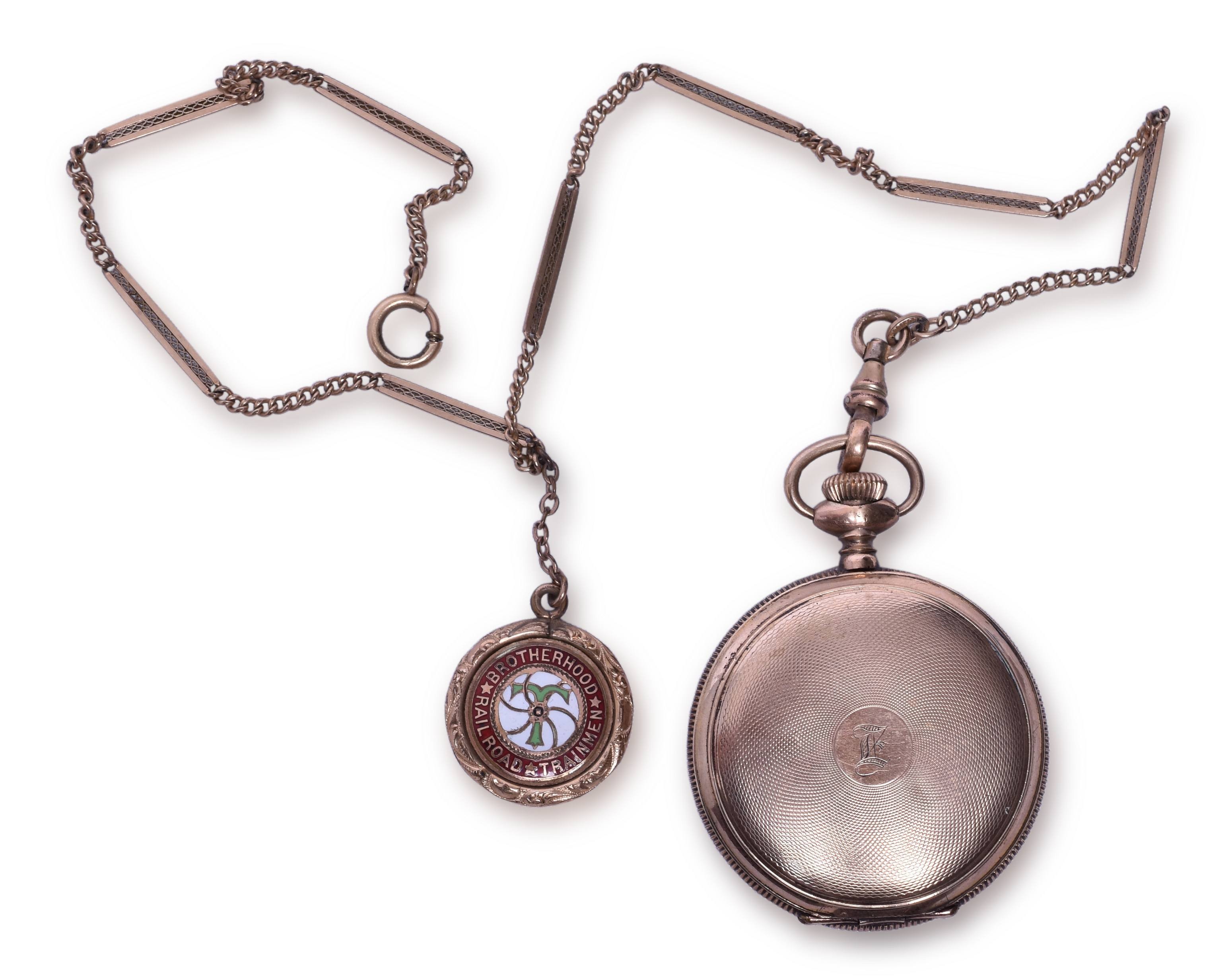 4297 - Elgin Model 2 Grade 286 6 Seconds / 7 Jewels Pocket Watch - Brotherhood of Railroad Trainmen Fob thumbnail