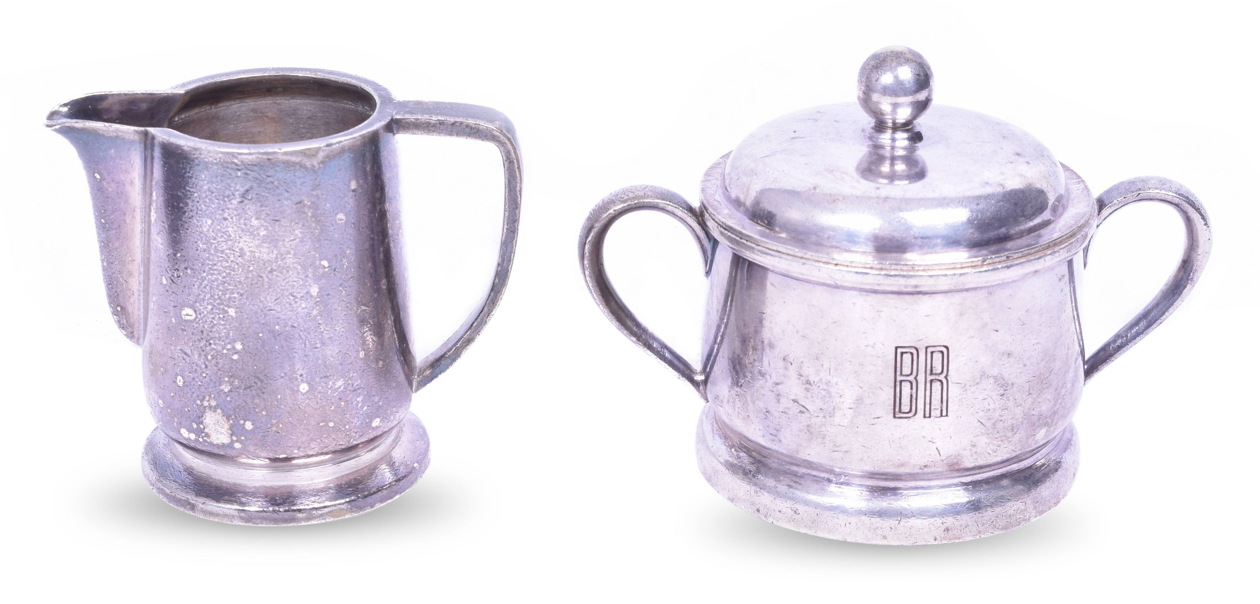 4326 - Reed and Barton Silver Soldered CB&Q / Burlington Double Handled Sugar Bowl and Creamer thumbnail