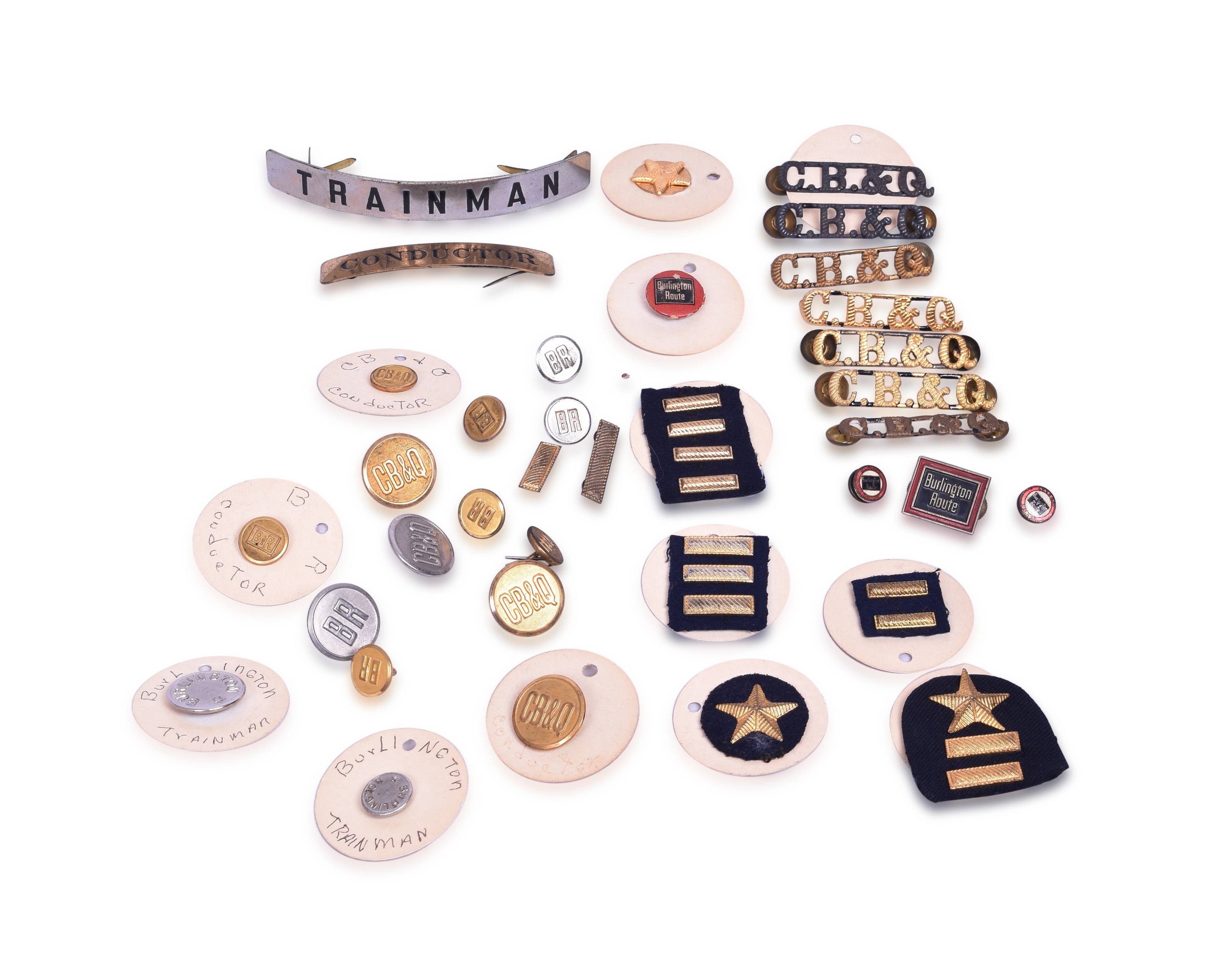 4327 - Group of CB&Q / Burlington Uniform Bars, Stars, Buttons, Pins, Hat Badges, and More thumbnail