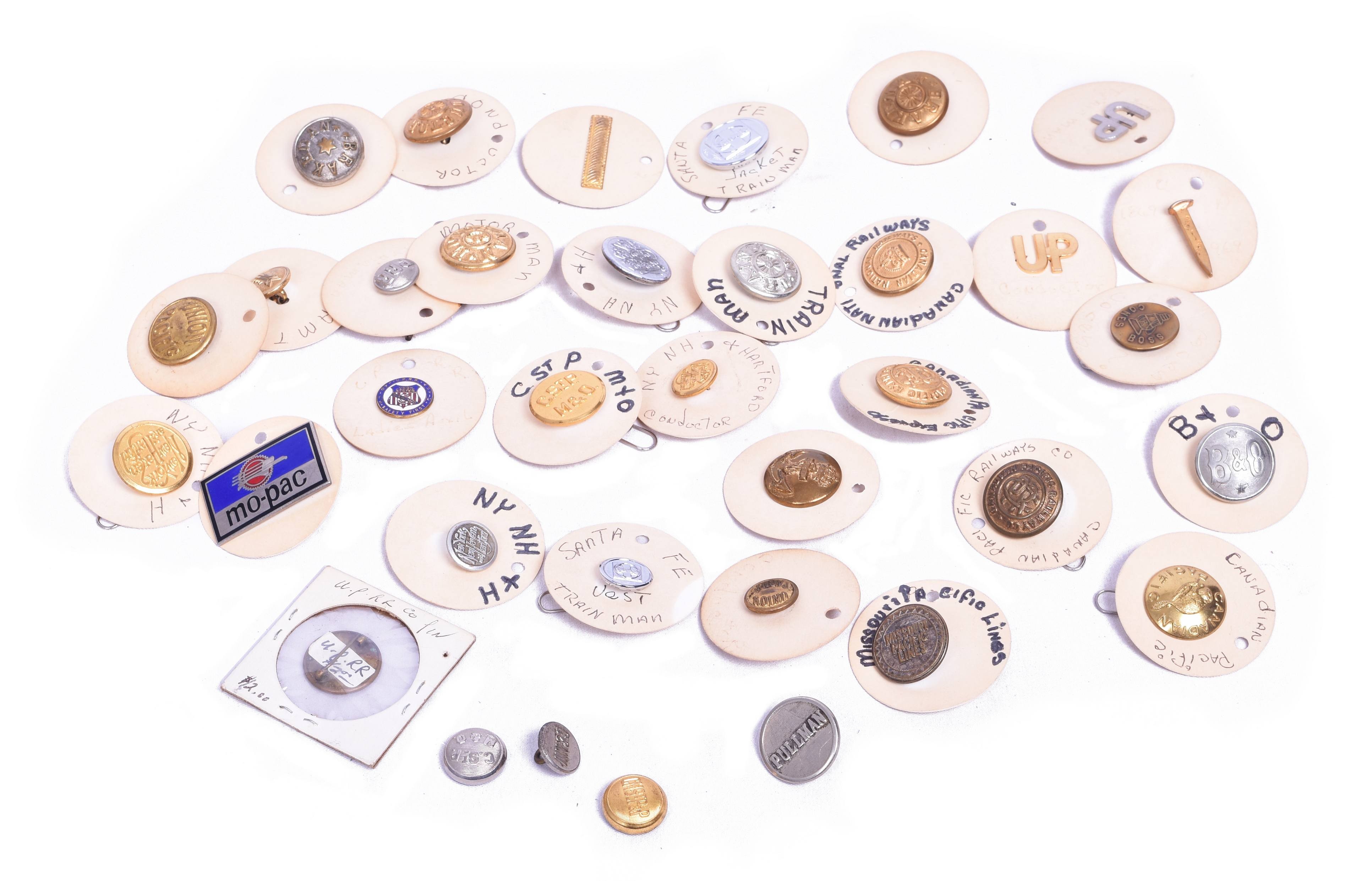 4329 - 33 Railroad Uniform Buttons and Pins - Union Pacific Ladies Auxiliary, Canadian Pacific, Missouri Pacific, New Haven, etc. thumbnail