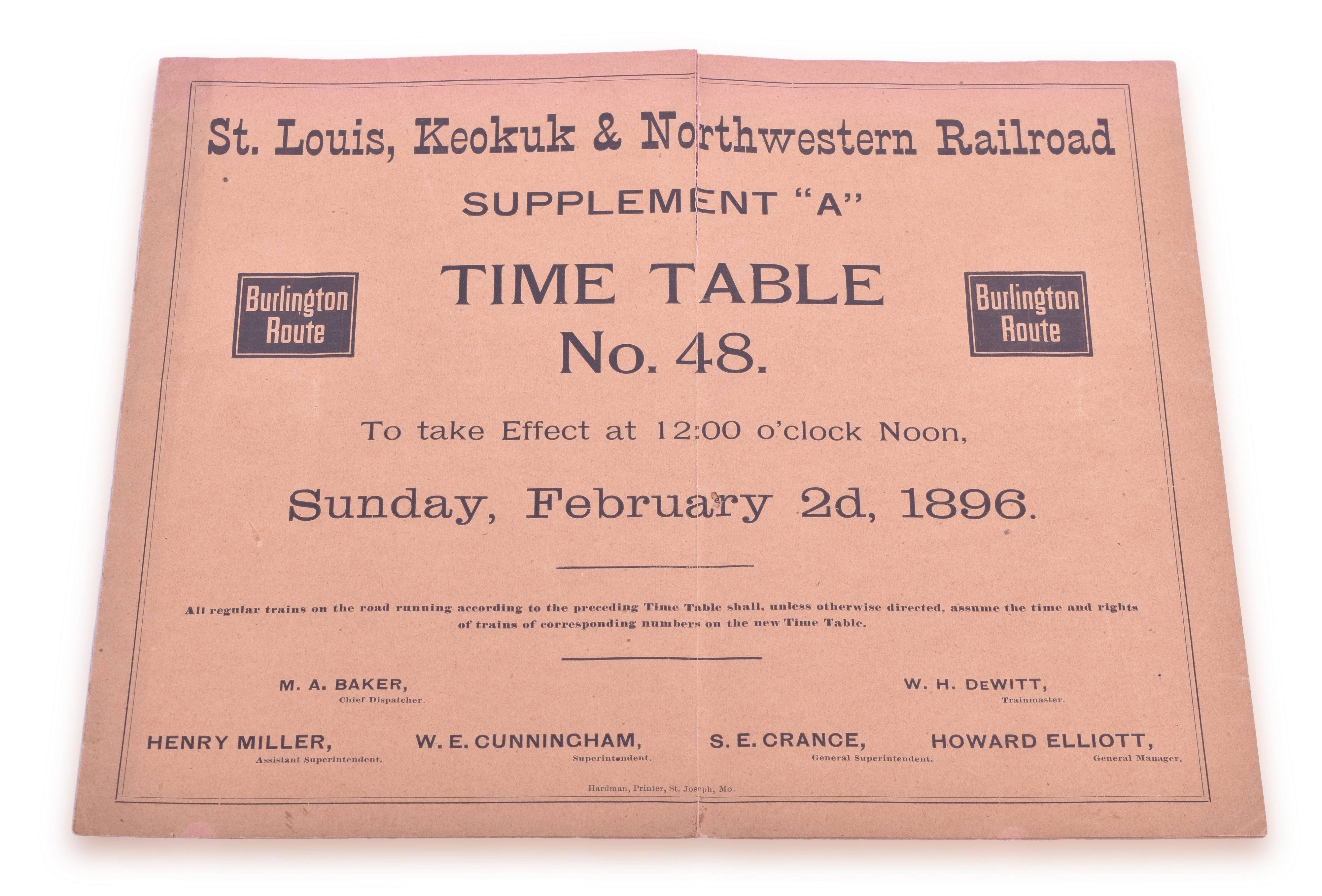 4333 - St. Louis, Keokuk and Northwestern Railroad February 1896 Timetable thumbnail