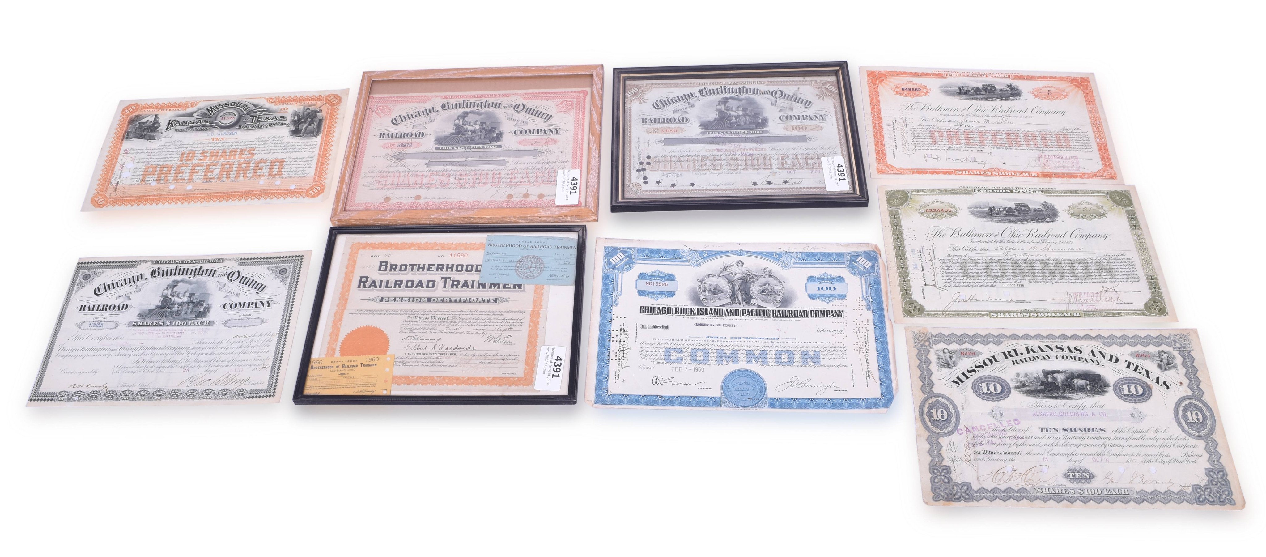4391 - Nine Railroad Stock Certificates Late 1800's to 1950 - CB&Q, Rock Island, MKT, Baltimore and Ohio, etc. thumbnail