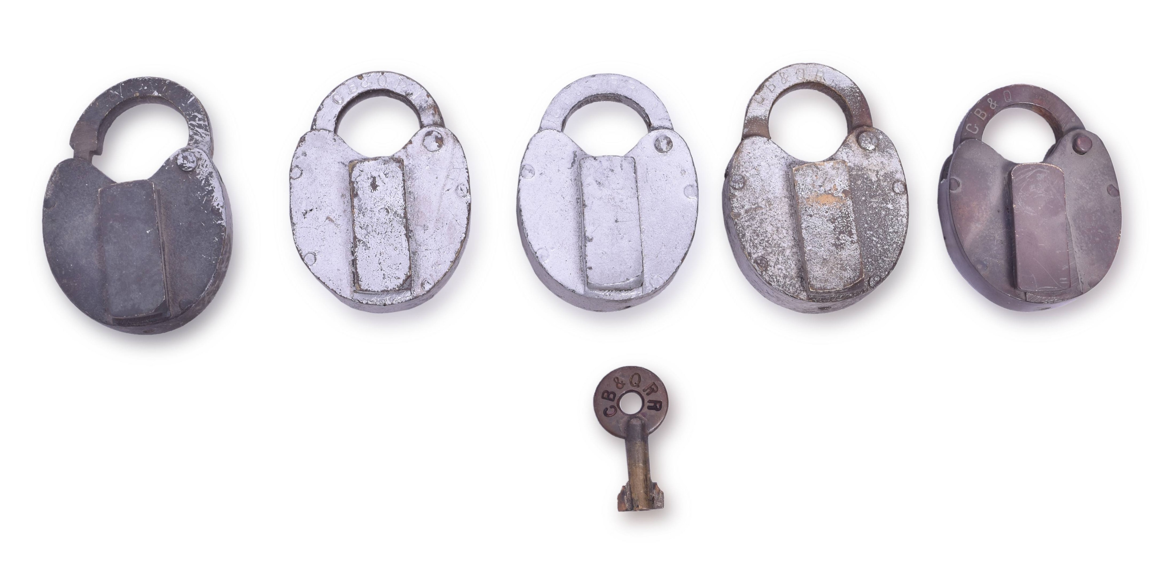 4398 - Five CB&Q / Burlington Small Brass Heart Shaped Locks thumbnail