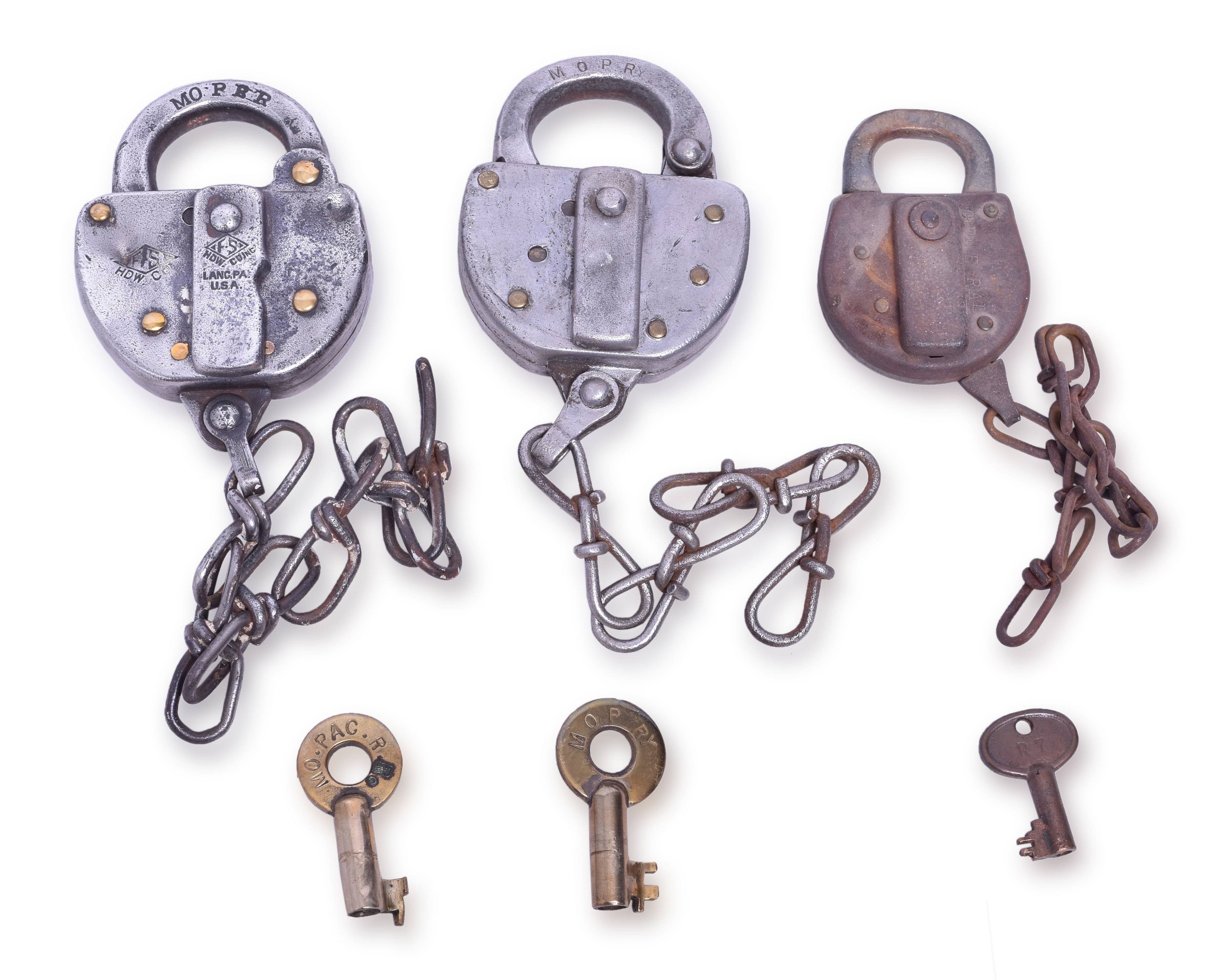 4400 - Group of Three Missouri Pacific Railroad Locks - FS Hardware, Fraim, A&W thumbnail