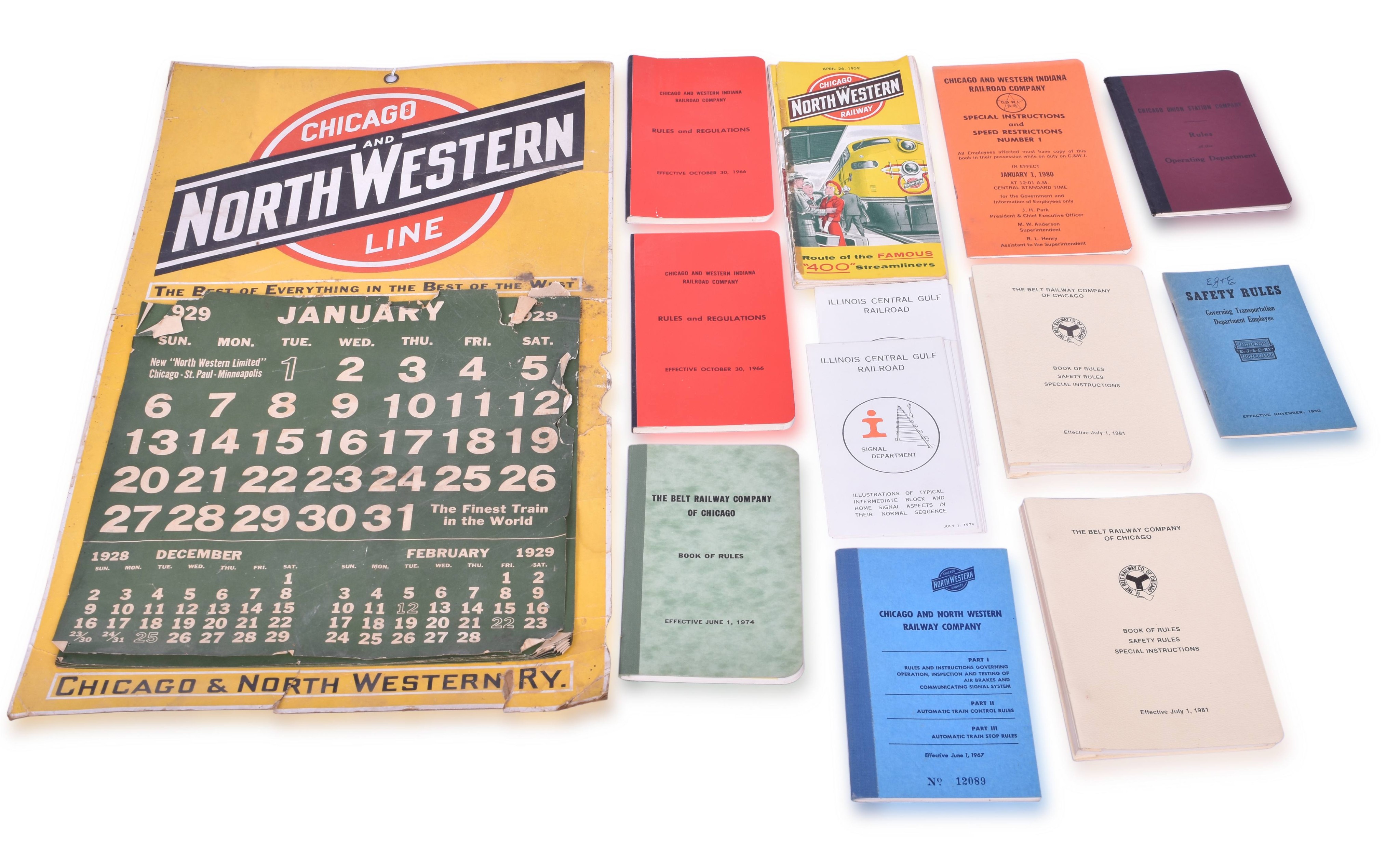 4403 - Group of Chicago Area Railroad Paper - C&NW 1929 Calendar, Rulebooks, and Timetables. thumbnail