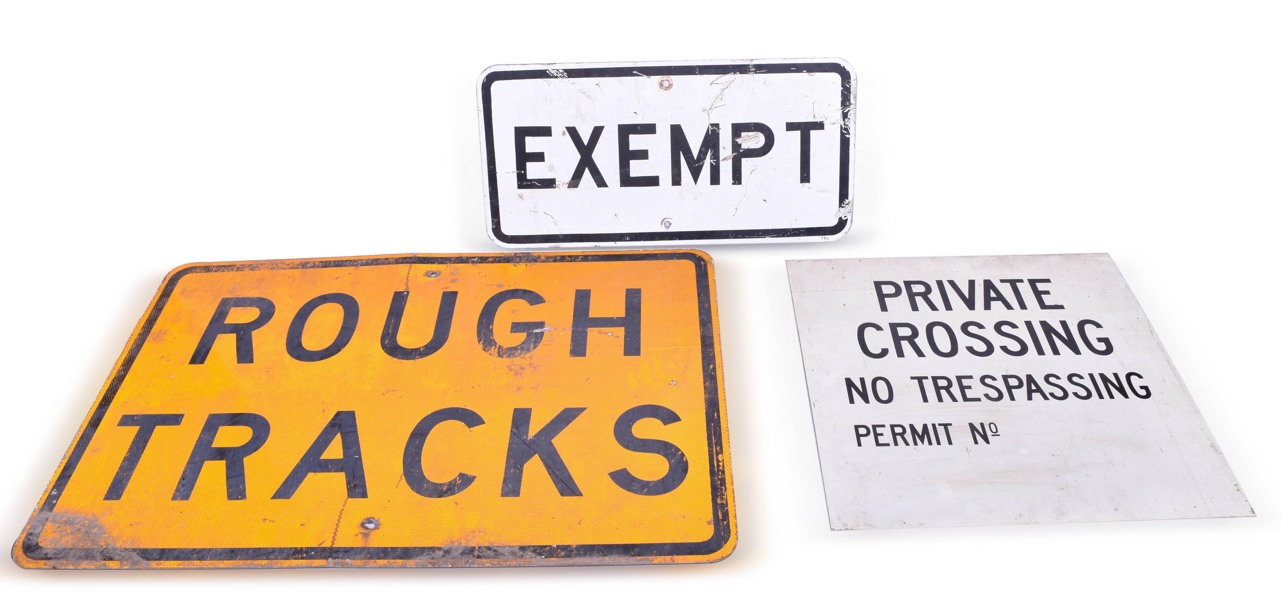 4429 - Group of Three Aluminum Railroad Crossing Signs- Rough Track, Private Crossing, Exempt thumbnail