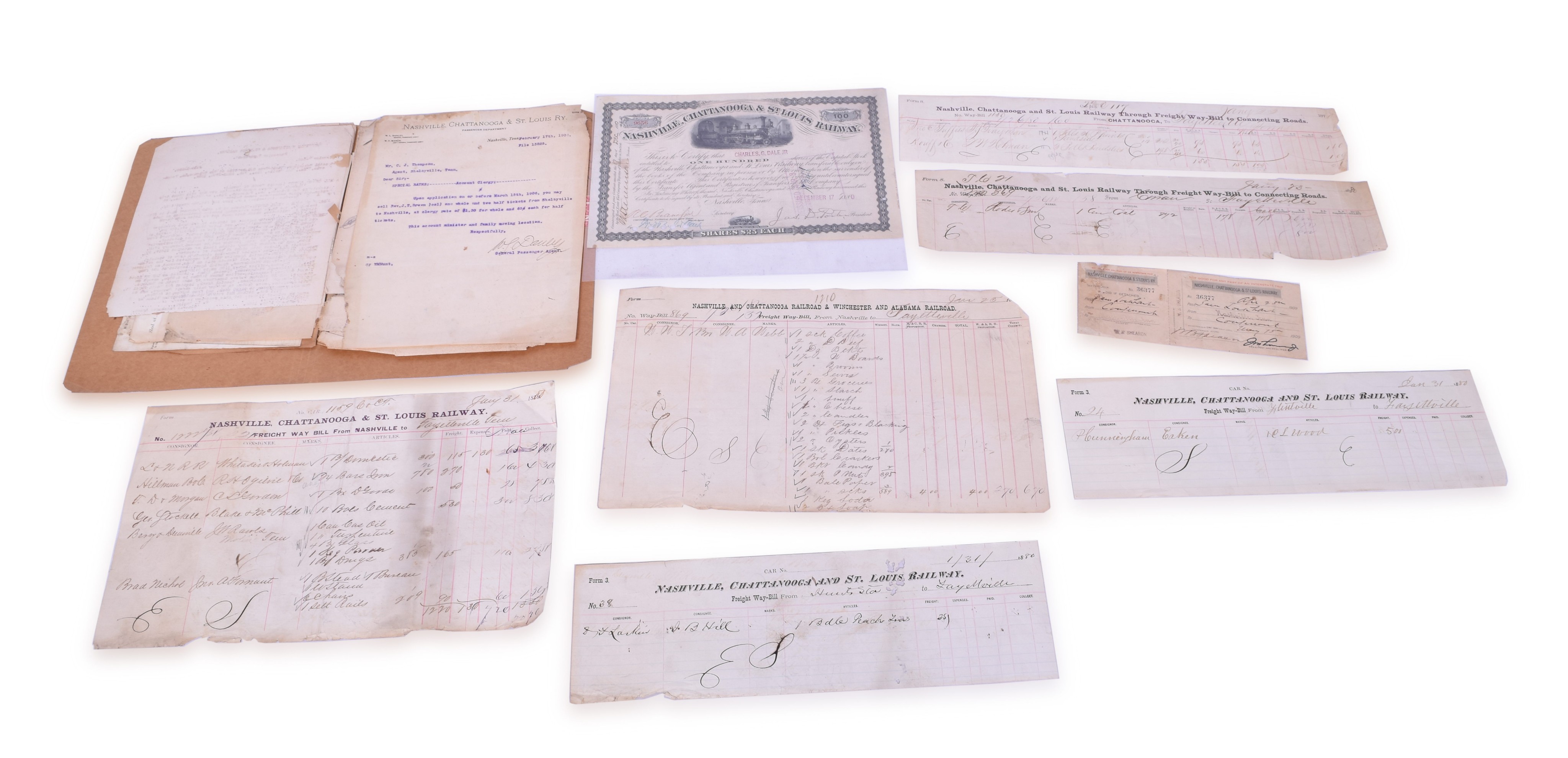 31 - Nashville Chattanooga & St. Louis Railway Paper lot - 1880 Stock Certificate, 1880's car reports, and more thumbnail