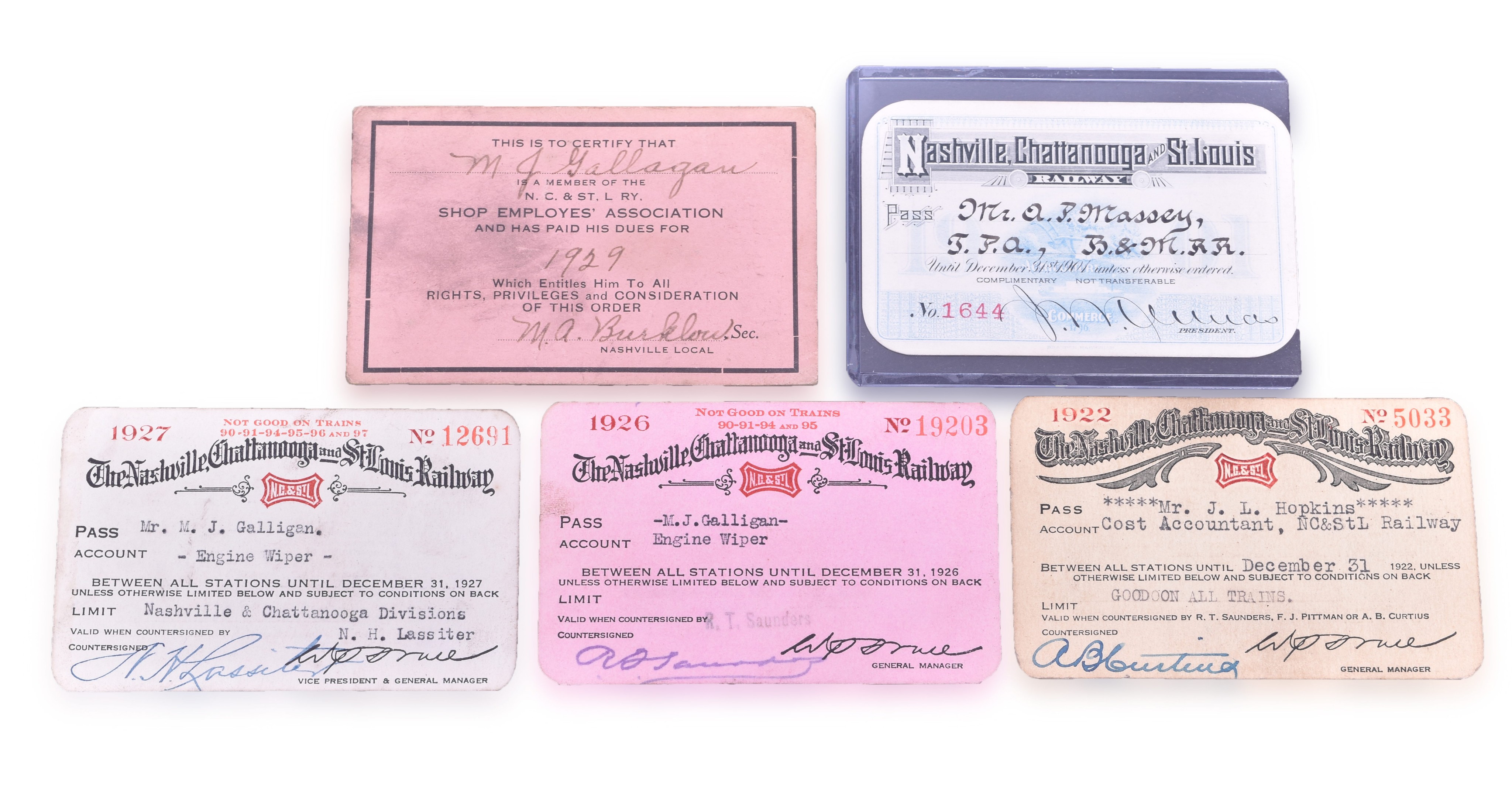 37 - Five Nashville Chattanooga & St. Louis Railway Annual Passes - 1901, 1922, 1926, 1927, 1929 Shop Pass thumbnail