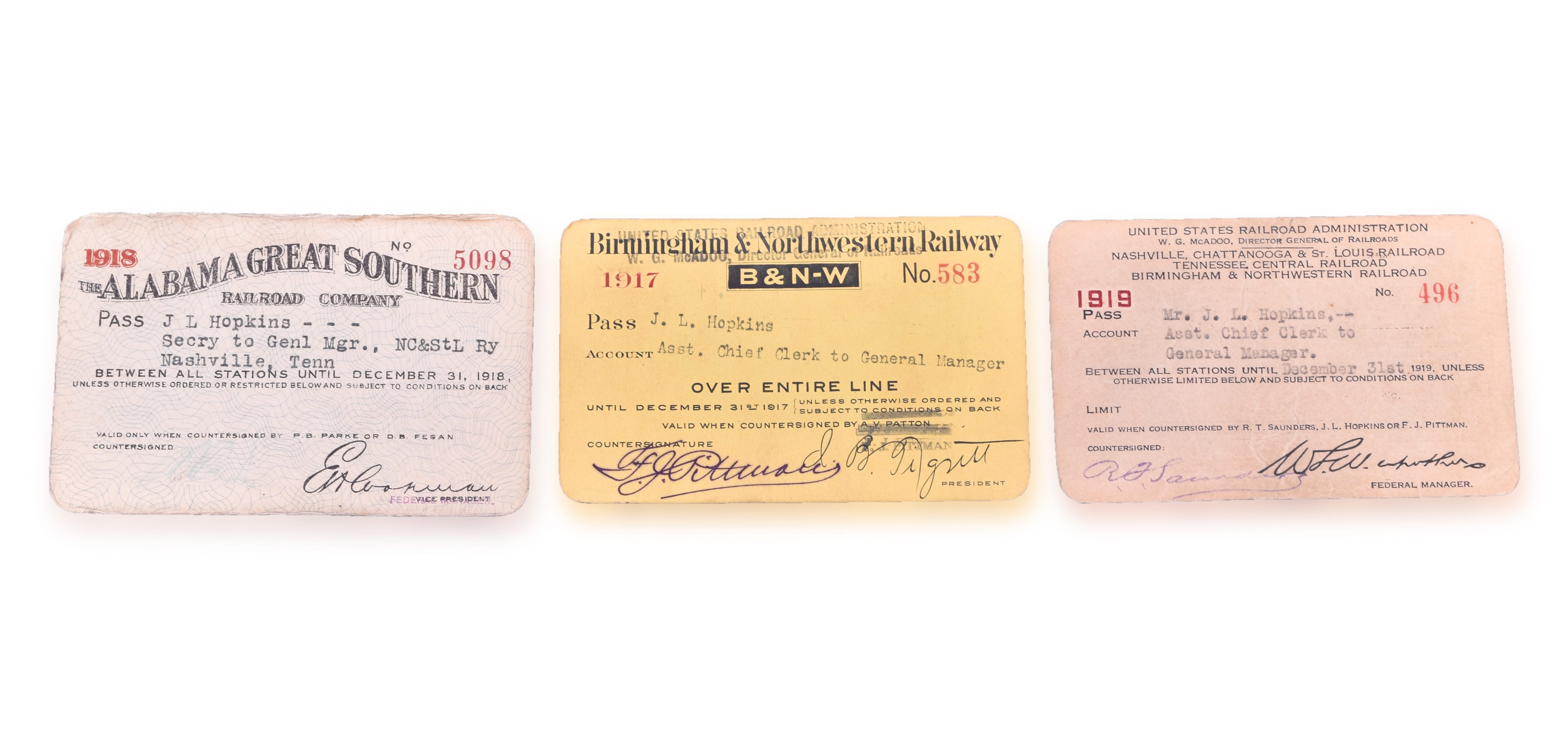 41 - Three Annual Passes - 1918 Alabama Great Southern, 1917 Birmingham & Northwestern Railway, and 1919 USRA thumbnail