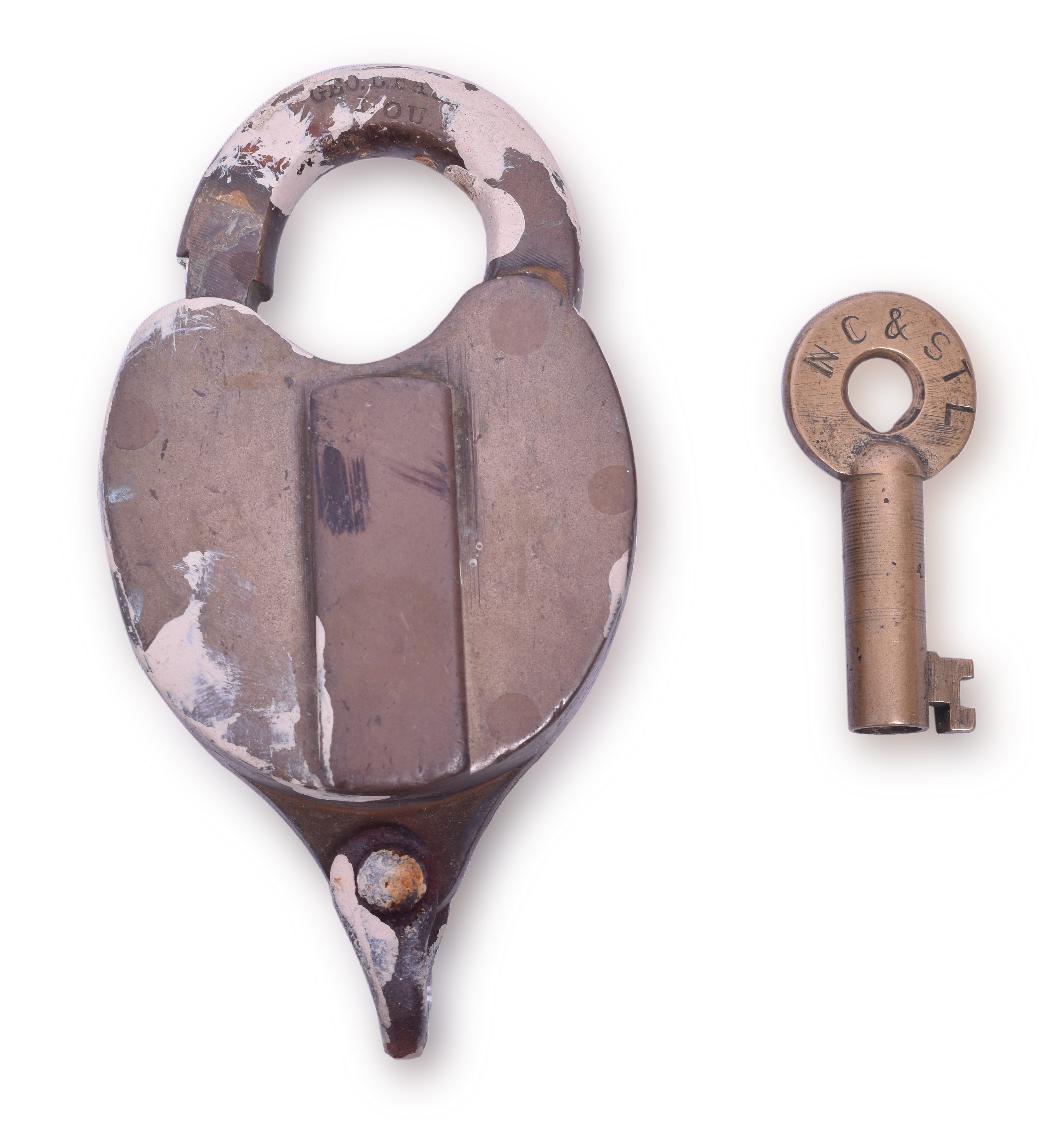 51 - Geo. B. Bahr Nashville Chattanooga & St. Louis Railway Brass Heart Shaped Lock with Key thumbnail