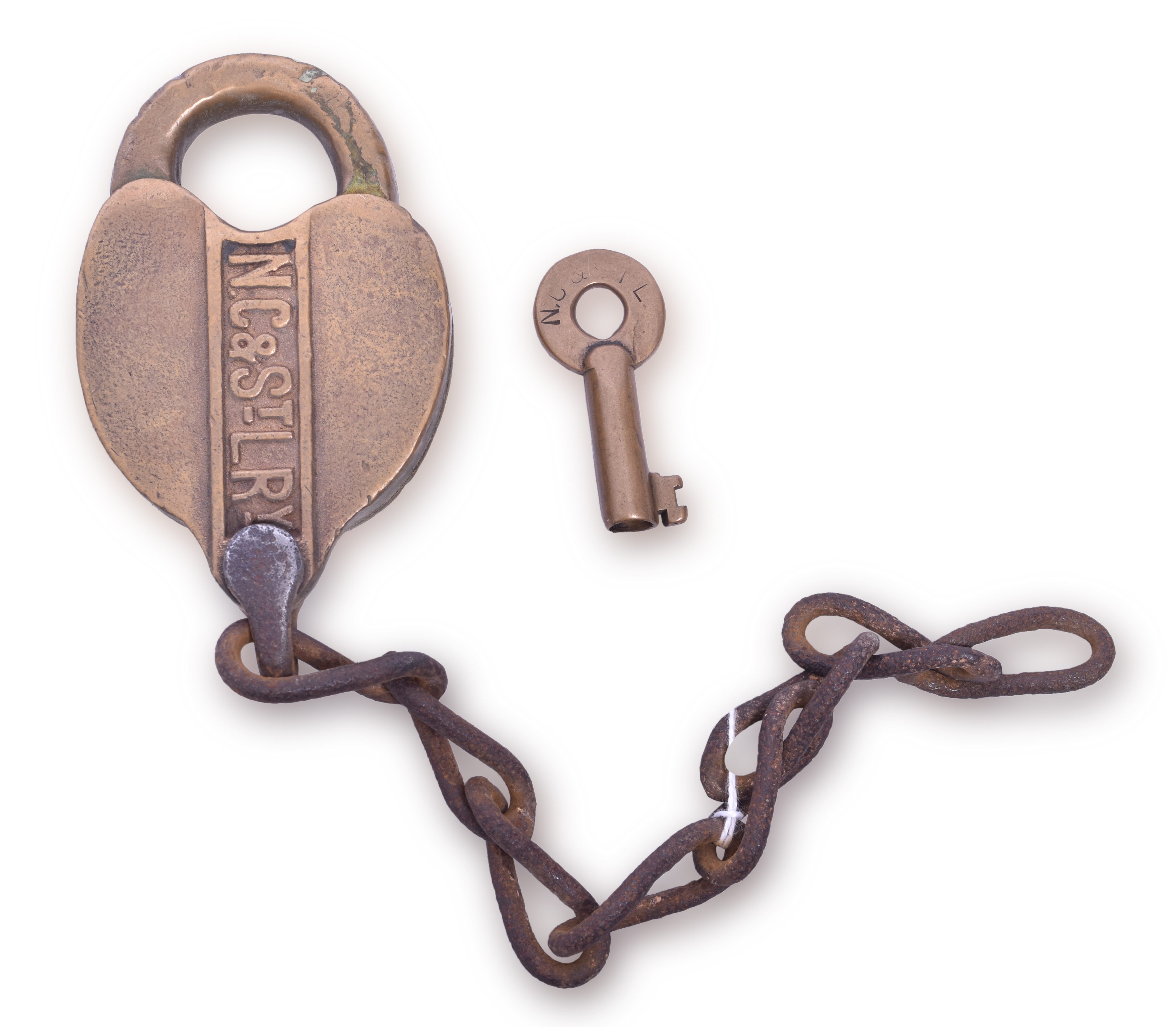 53 - Adams & Westlake Nashville Chattanooga & St. Louis Railway Brass Heart Shaped Lock with Key. thumbnail