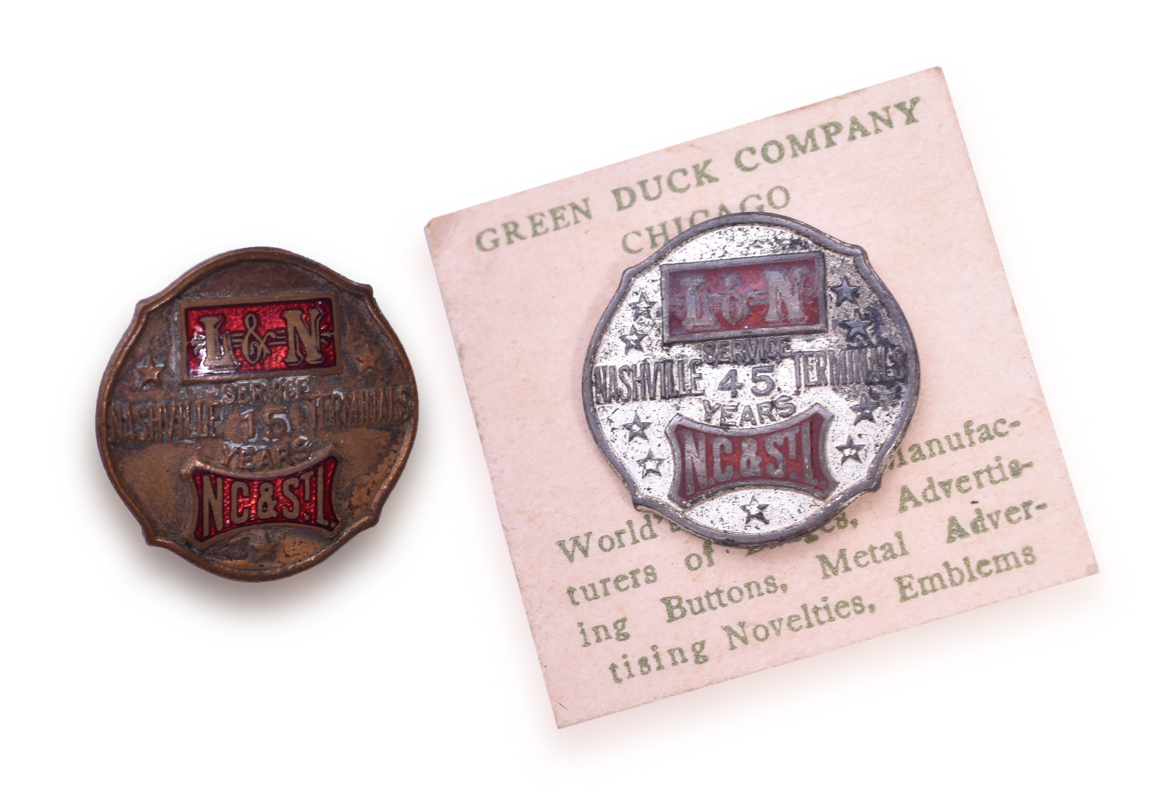 65 - Pair of Louisville and Nashville / Nashville Chattanooga & St. Louis Railway Service Pins - 15 and 45 Year thumbnail