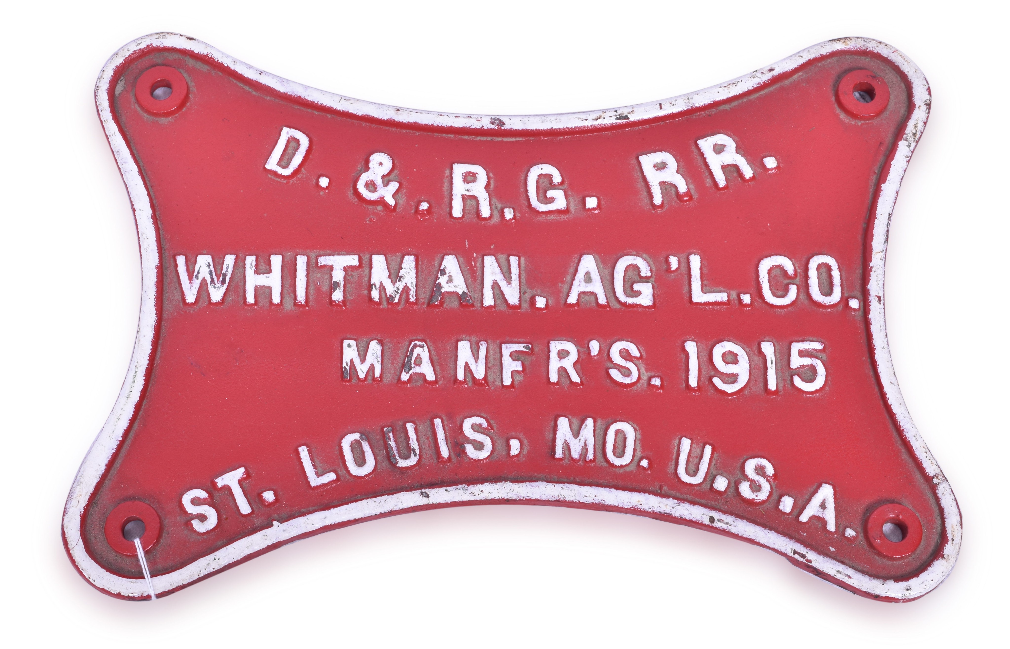 104 - Denver and Rio Grande Railroad Whitman Agricultural Company Baggage Cart Builders Plate thumbnail