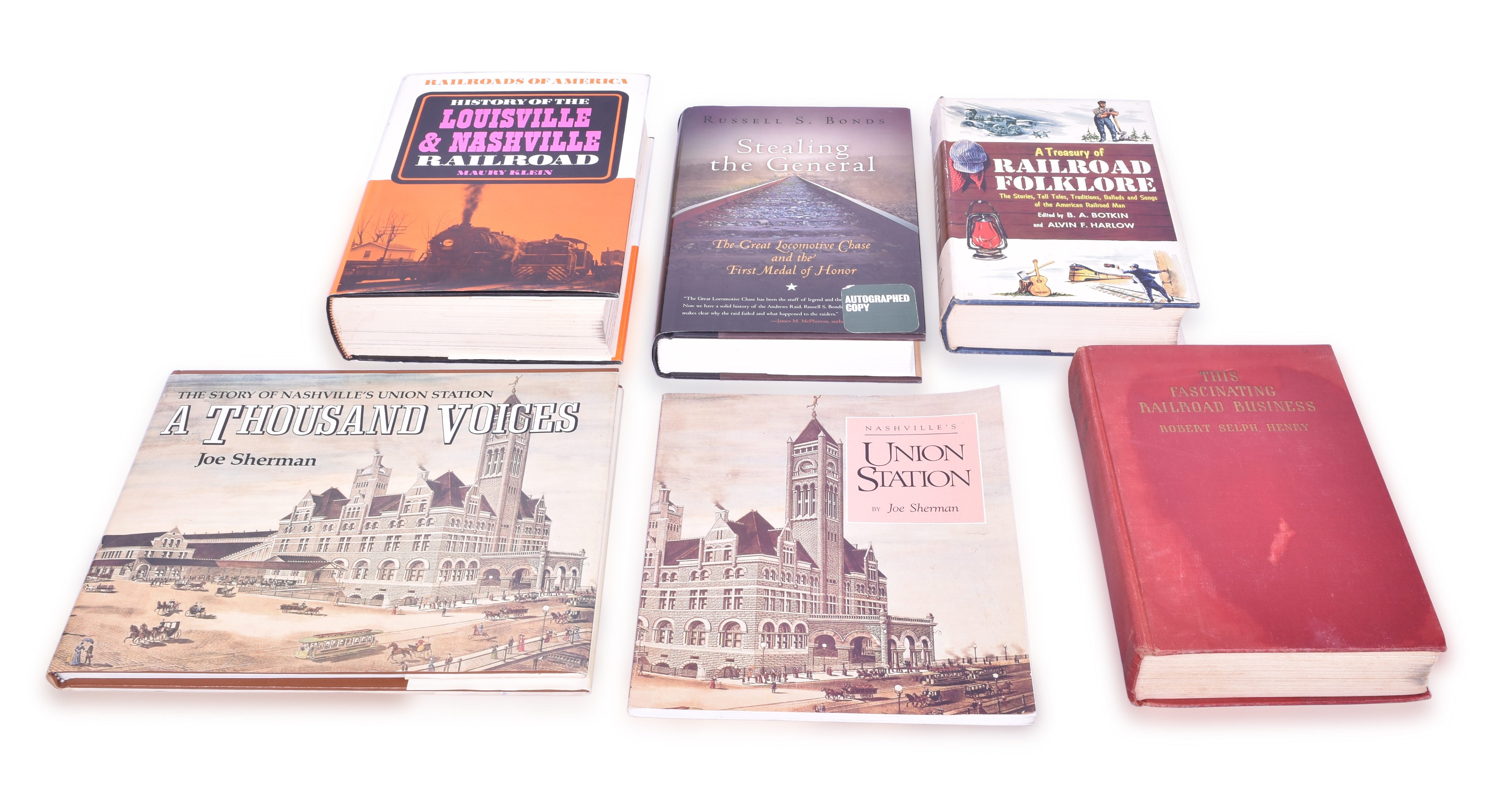 155 - Six Railroad Books - Fascinating Railroad Business by Henry, History of the Louisville and Nashville by Macmillan, A Treasury of Railroad Folklore by Botkin, etc. thumbnail