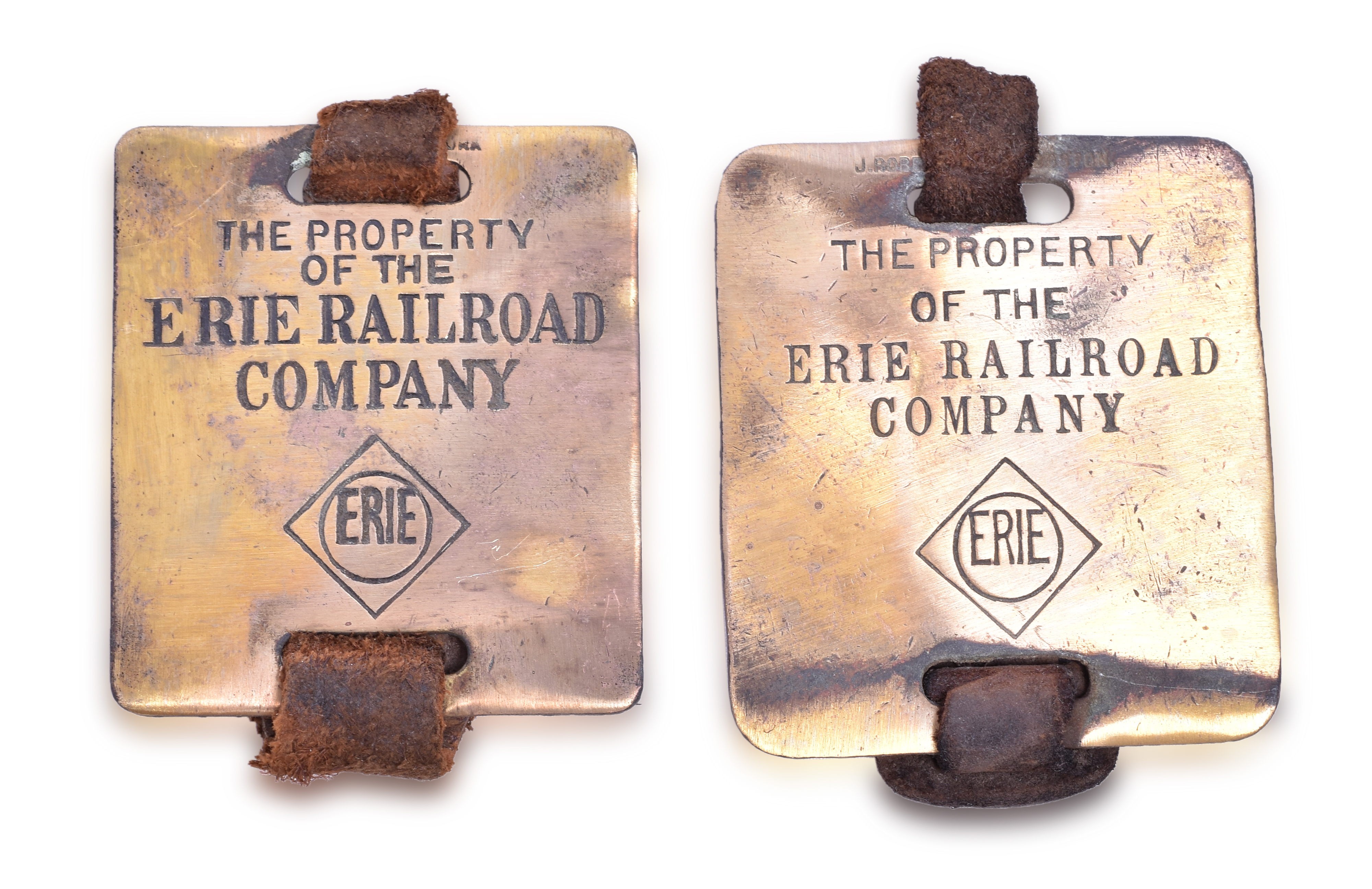 156 - Two Erie Railroad Baggage Tags w/ Diamond Logos and Leather Straps thumbnail