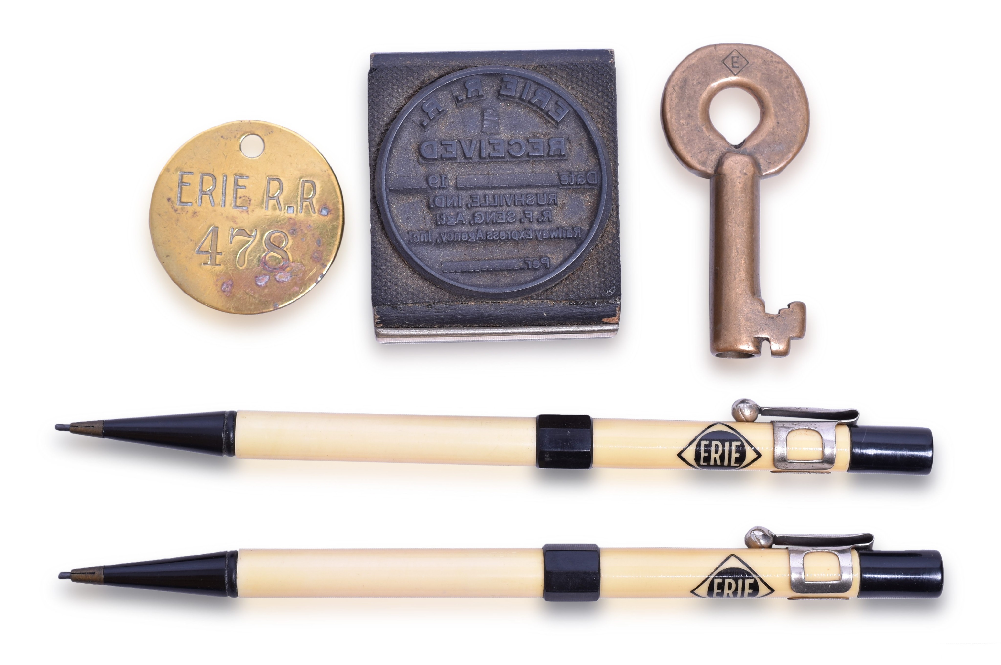170 - Erie Railroad Baggage Tag, Adlake Switch Key, Receiving Stamp, and Mechanical Pencils thumbnail